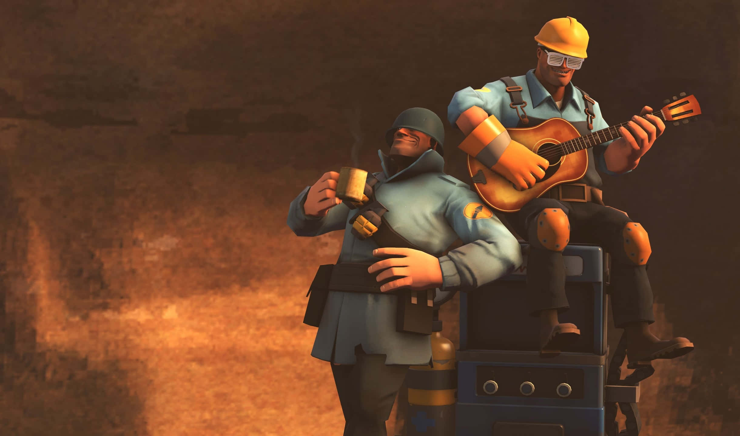 背景 桌布 壁紙 — 兩個卡通士兵在放鬆，一個在喝咖啡，另一個在溫暖發光的背景下彈吉他。