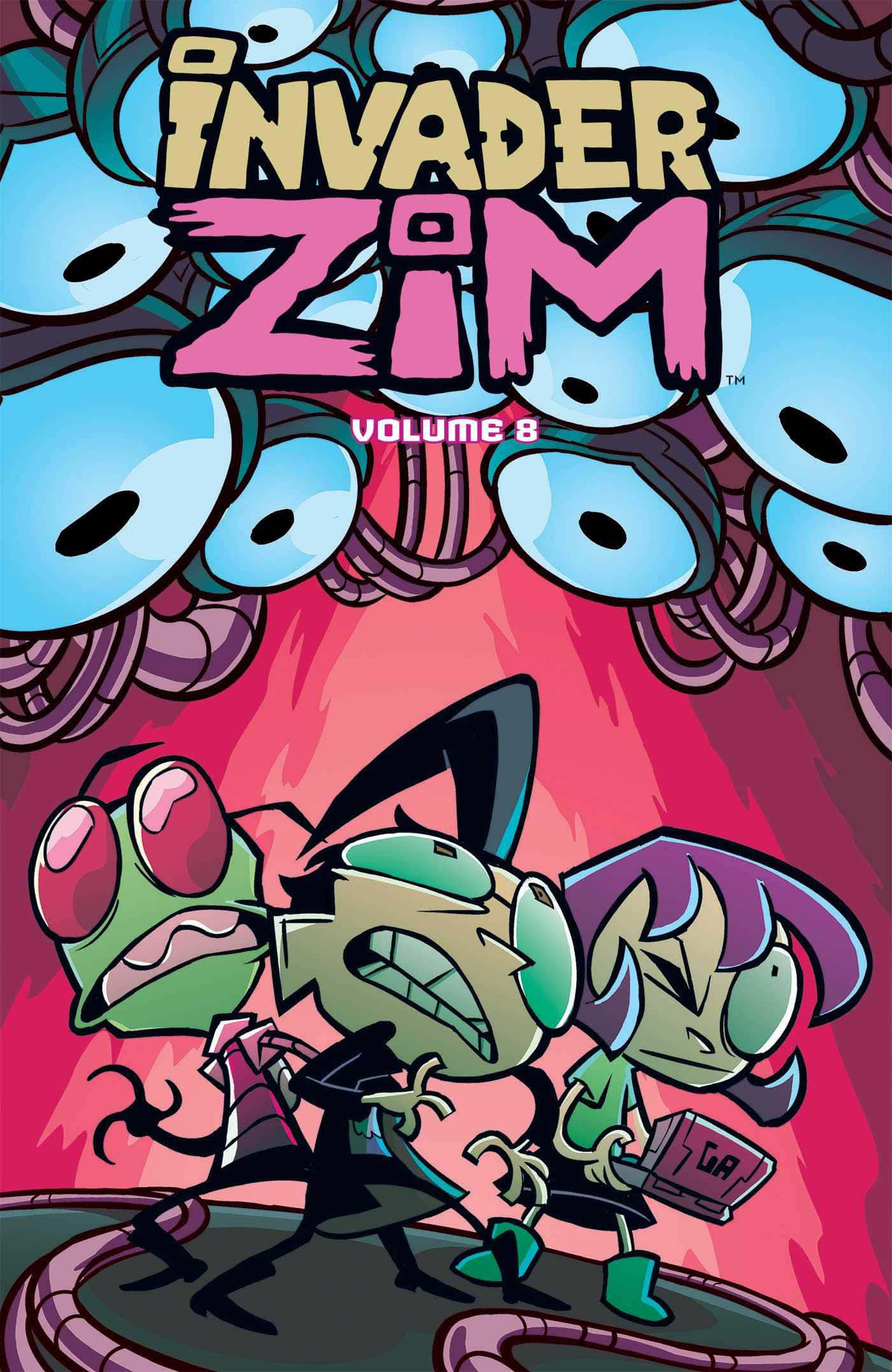 Invader Zim 桌布 壁紙 — 兩個卡通外星人，有大眼睛和綠色皮膚，在漂浮的眼球和粗體粉紅色文字的背景下挑釁地站立。