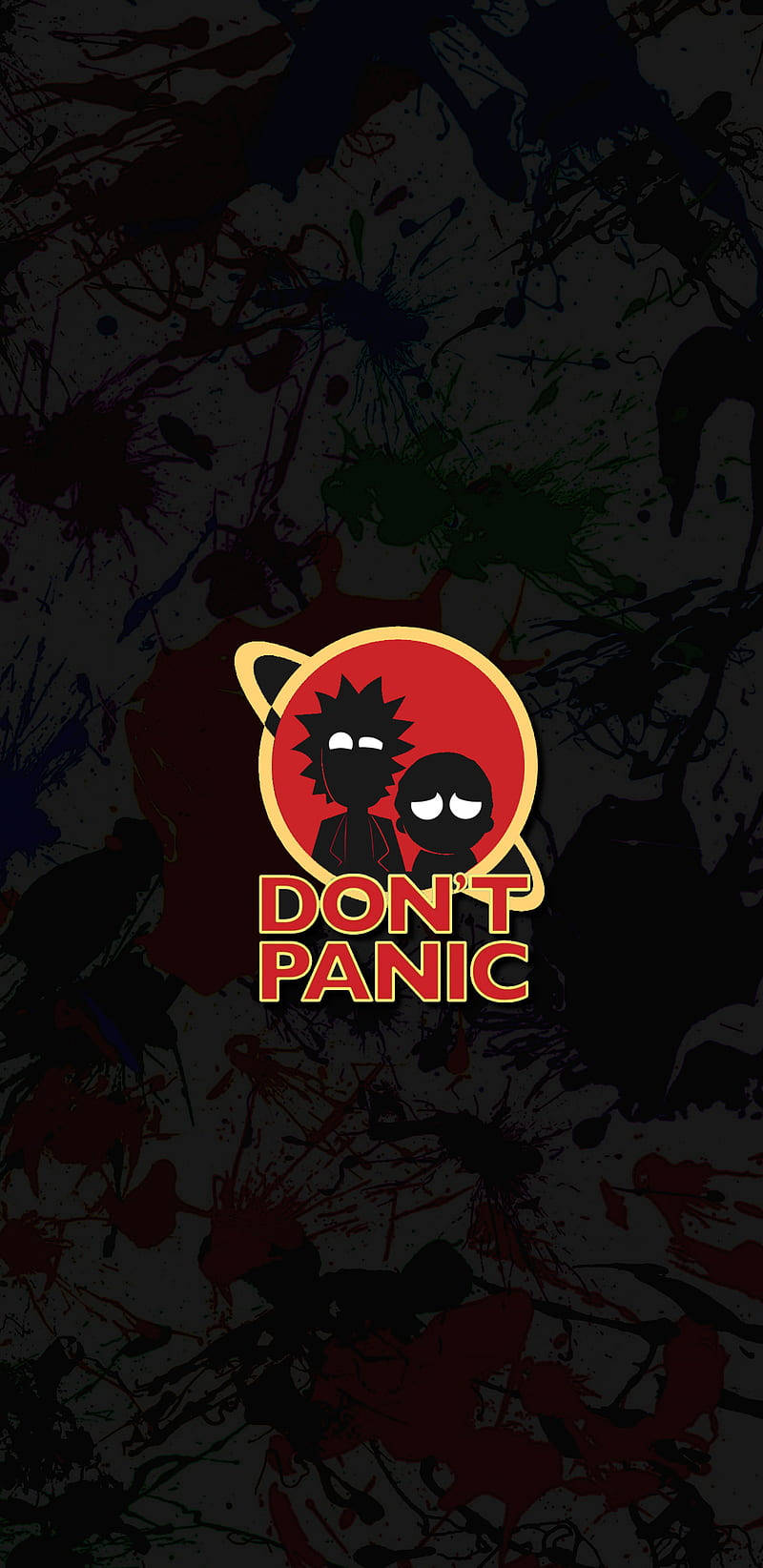 Panic 桌布 壁紙 — 兩個卡通外星人，有尖刺頭髮和大眼睛，坐在一個紅色圓圈內，上面有文字 'DON'T PANIC'，背景是深色飛濺效果。