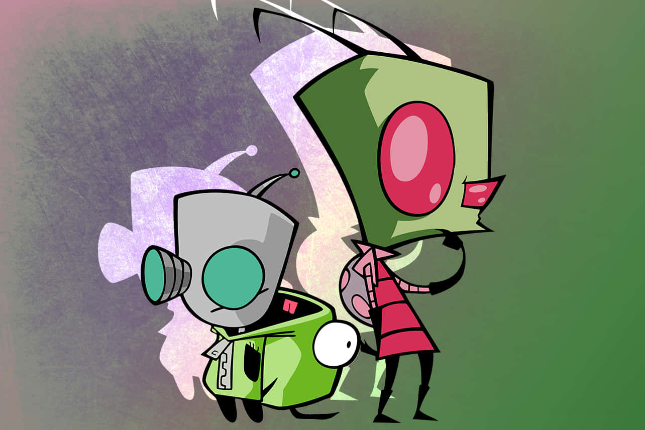 Invader Zim 桌布 壁紙 — 兩個卡通外星人，有著大眼睛和古怪的服裝，站在有紋理的綠色和紫色背景前。