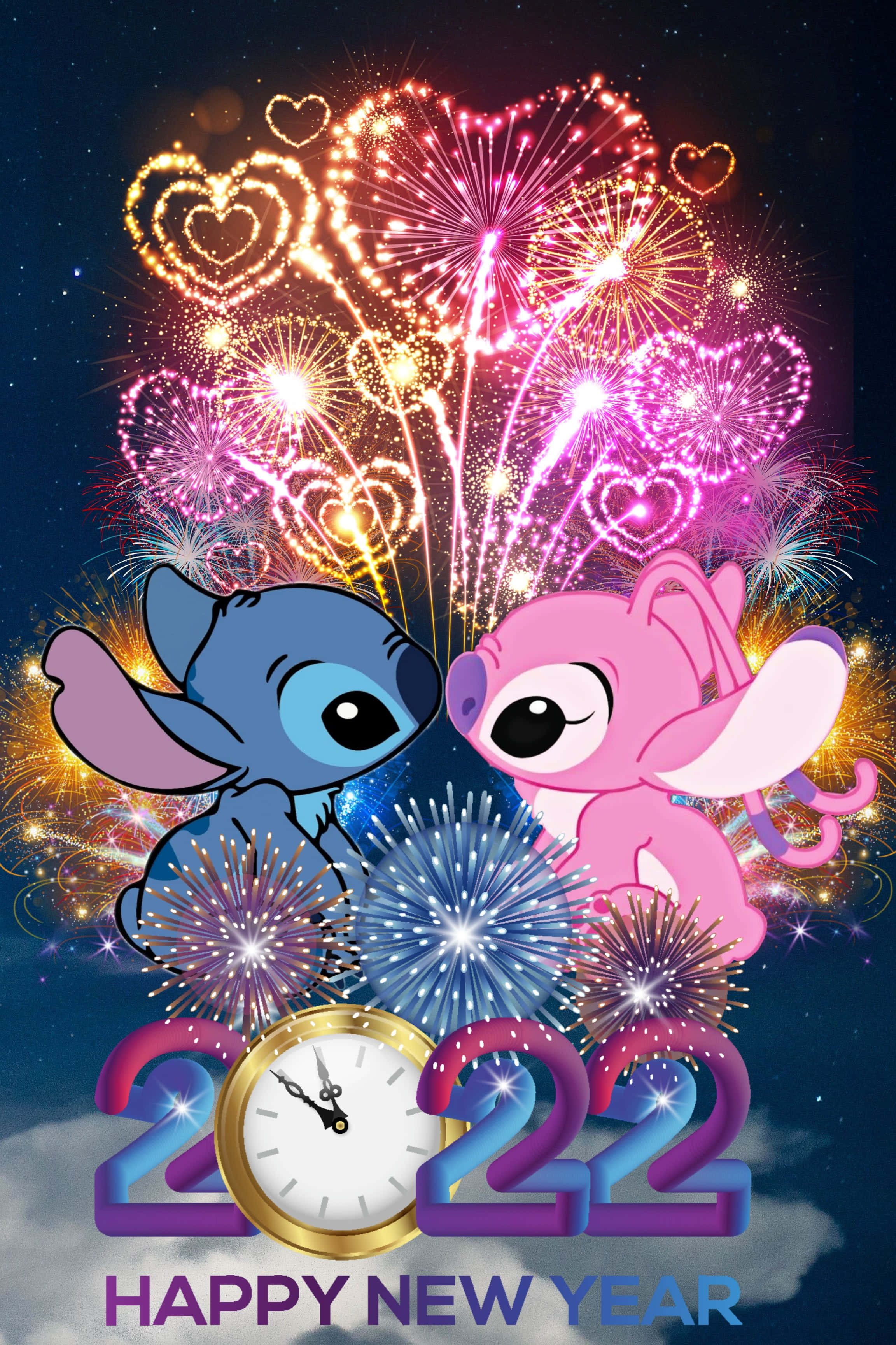 Love Stitch And Angel 桌布 壁紙 — 兩個卡通外星人凝視著在顯示2022年的時鐘上方爆炸的心形煙火，背景是星空夜空。