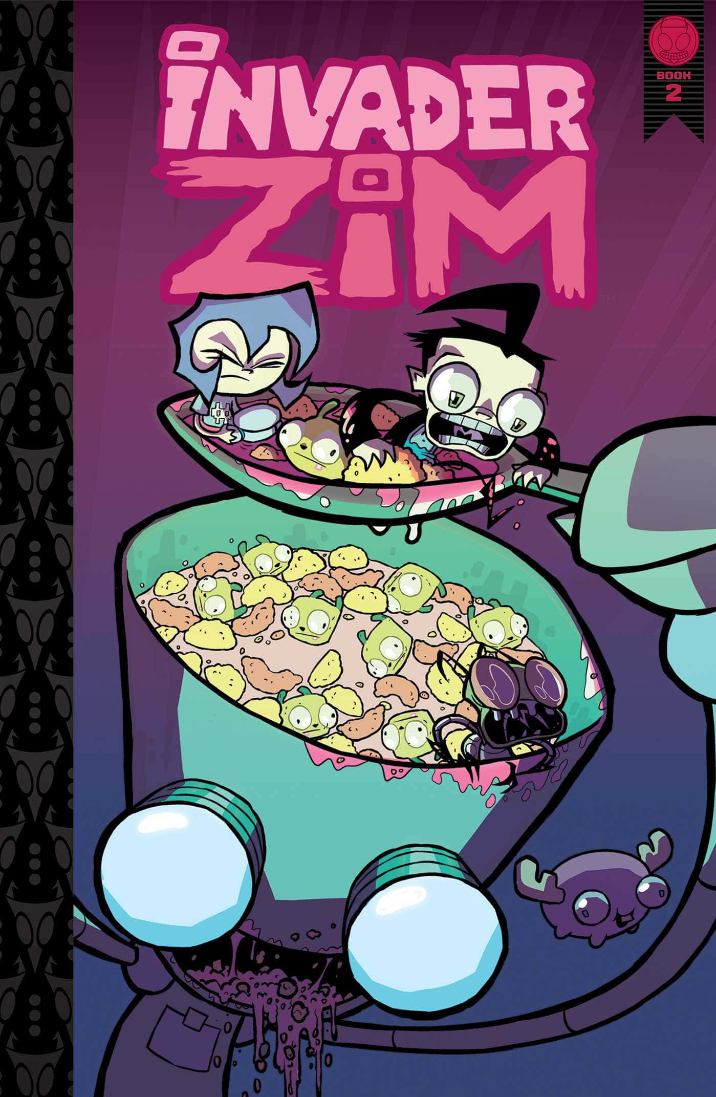 Invader Zim 桌布 壁紙 — 兩個卡通外星人在一個巨型湯匙中，從一個裝有有知覺的外星穀物的碗中進食，背景是紫色。