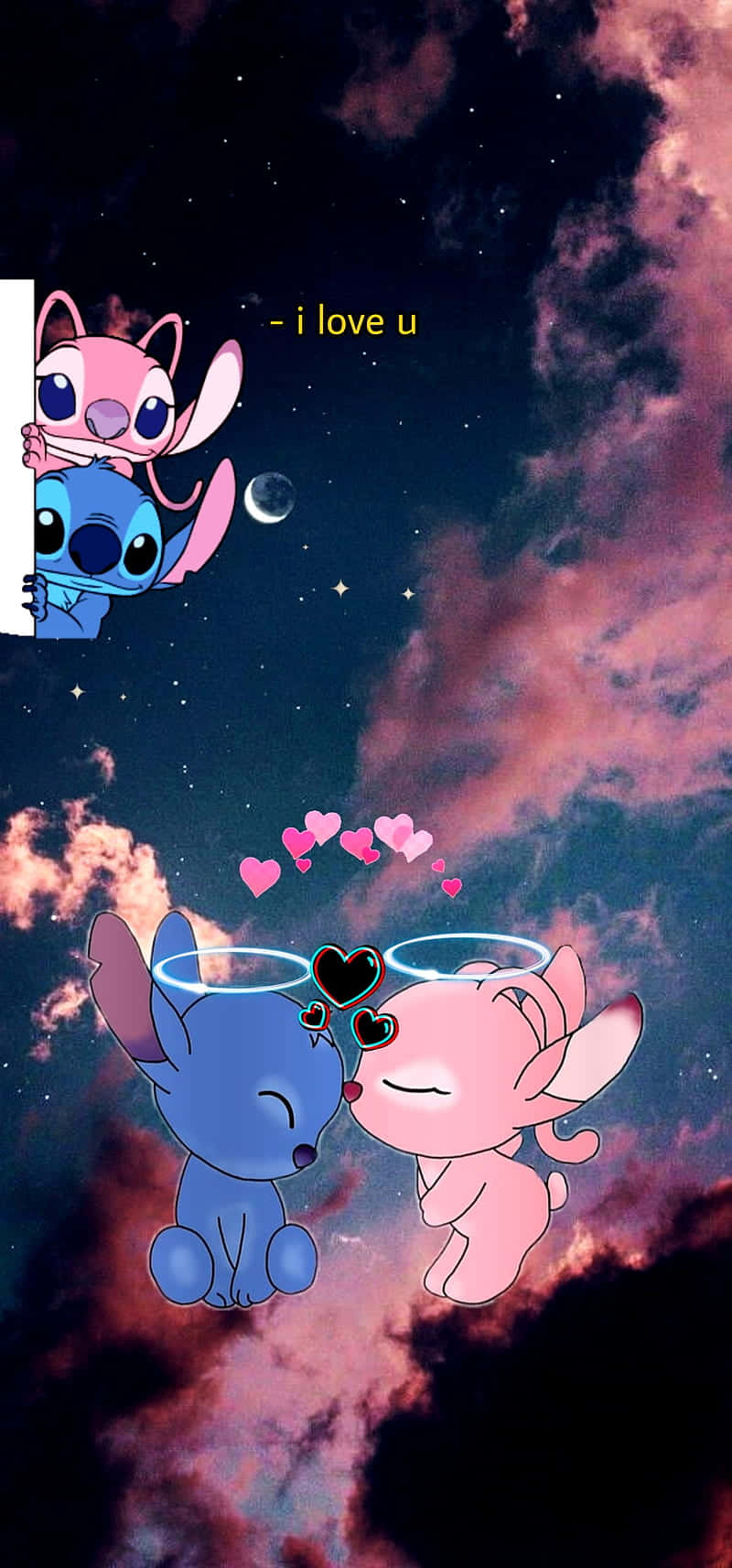 迪士尼角色 桌布 壁紙 — 兩個卡通外星人在星空下接吻，心形在他們之間飄浮，一對粉紅色和藍色的情侶從旁邊偷看。