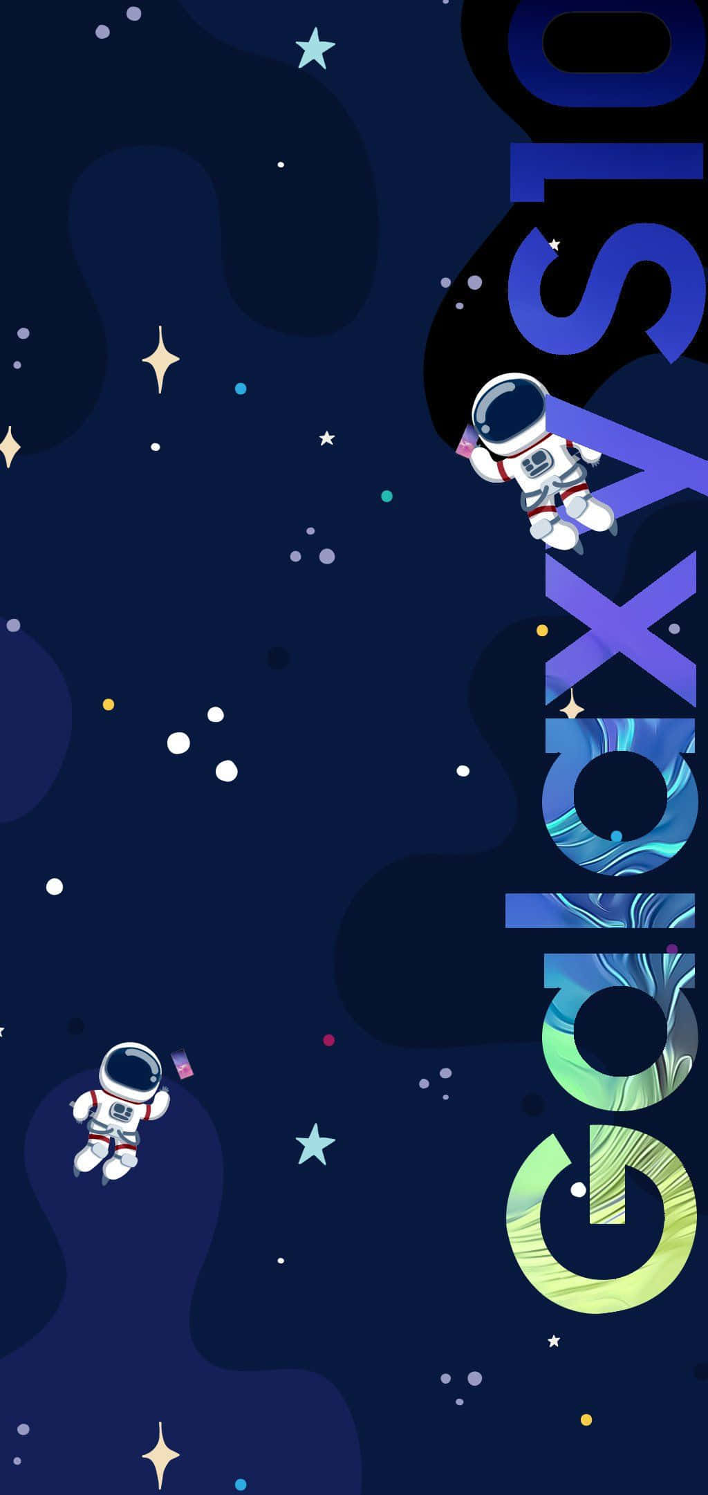 Galaxy S10 桌布 壁紙 — 兩個卡通太空人在發光的星星和彩色星雲中漂浮，旁邊是一個風格化的 Galaxy S10 標誌。