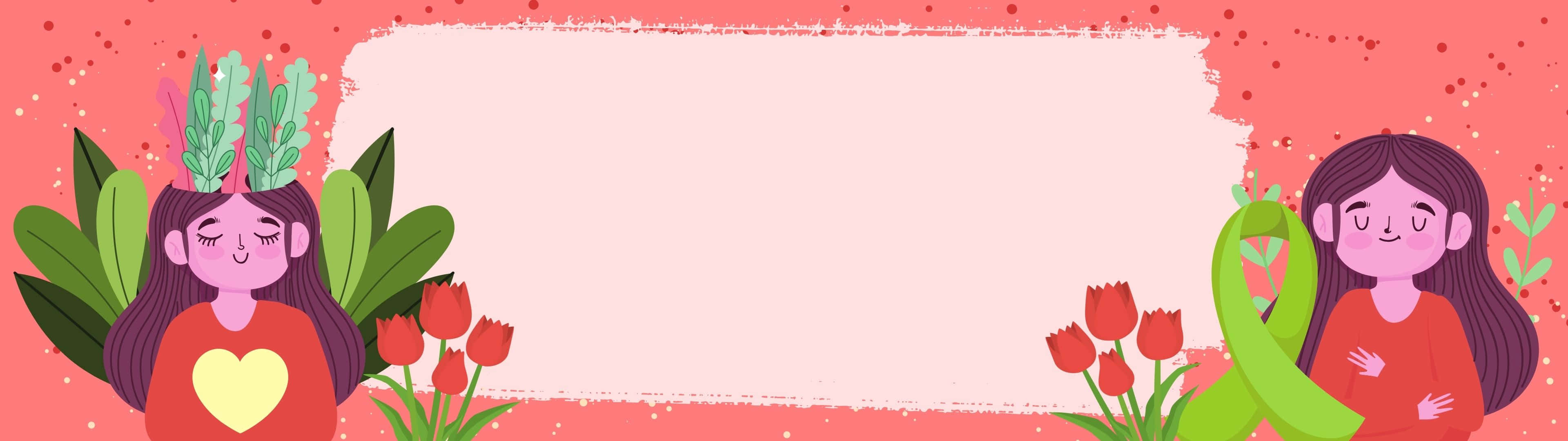 3840x1080 桌布 壁紙 — 兩個卡通女孩在粉紅色橫幅兩側，一個拿著心形和葉子，另一個拿著綠色絲帶和鬱金香，背景為珊瑚色。