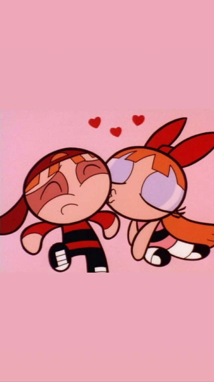 Powerpuff Girls 桌布 壁紙 — 兩個卡通女孩在純粉紅色背景上接吻，心形在他們上方飄浮。