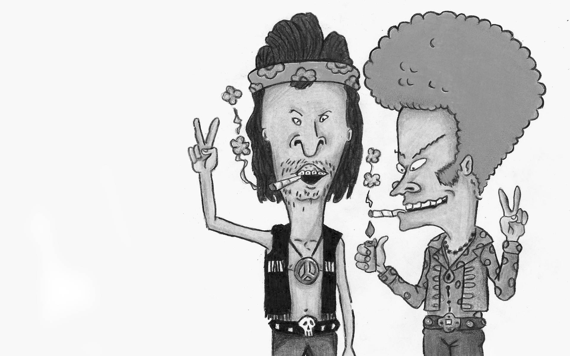 Beavis 桌布 壁紙 — 兩個卡通嬉皮士，留著非洲爆炸頭，比著和平手勢，抽著大麻煙，穿著1960年代風格的衣服。