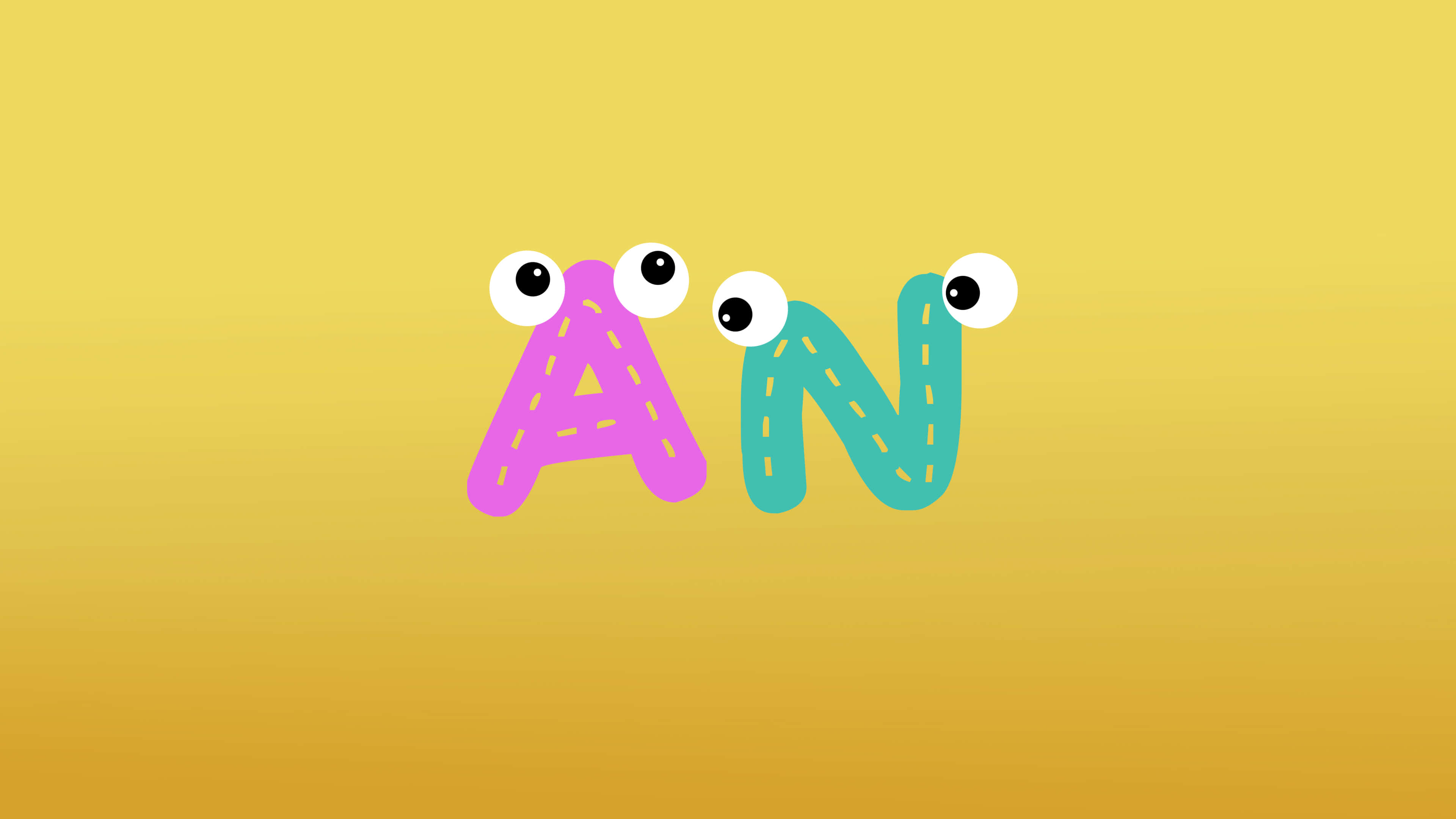 字母A動圖 桌布 壁紙 — 兩個卡通字母A和N，帶有凸眼，從溫暖的黃色漸變背景中探出頭來。