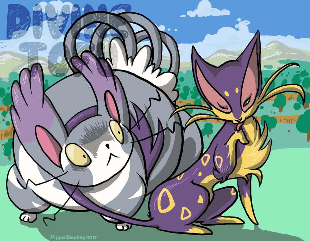 Pokemon 桌布 壁紙 — 兩個卡通寶可夢角色，一個灰白色帶紫色點綴，另一個紫色和黃色有長耳朵，在明亮的戶外風景中俏皮地擺姿勢。