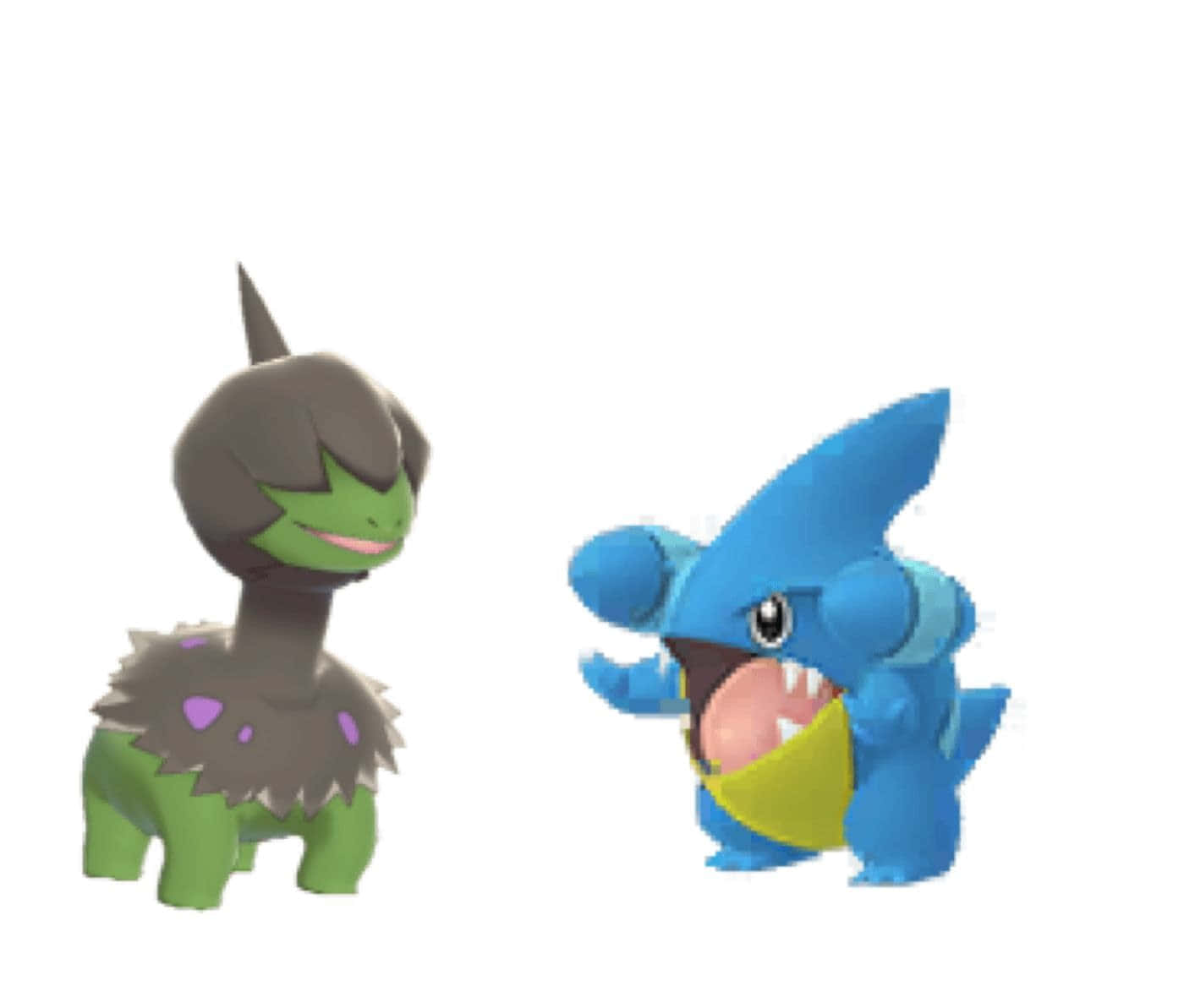 Pokemon Aesthetic 桌布 壁紙 — 兩個卡通寶可夢角色，一個綠色帶紫色斑點，一個藍色帶黃色腹部，在純白色背景上面對面。