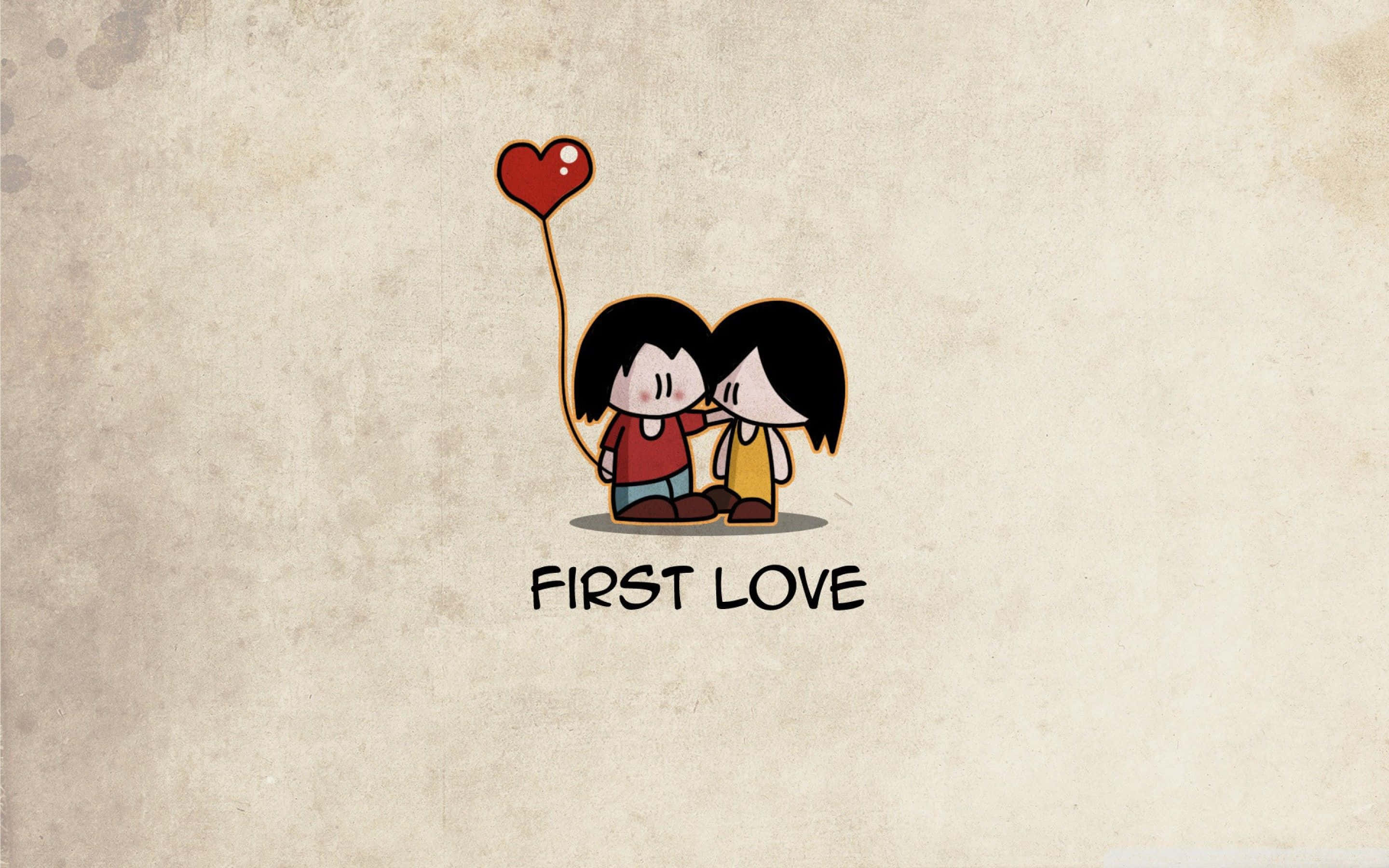 couple love 桌布 壁紙 — 兩個卡通小孩共享一個紅色心形氣球，背景為有紋理的米色，下方有「FIRST LOVE」文字。