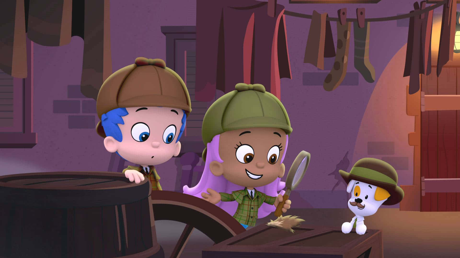 Bubble Guppies 桌布 壁紙 — 兩個卡通小孩和一隻戴偵探帽的狗在探索一個掛著襪子和木桶的雜亂閣樓。