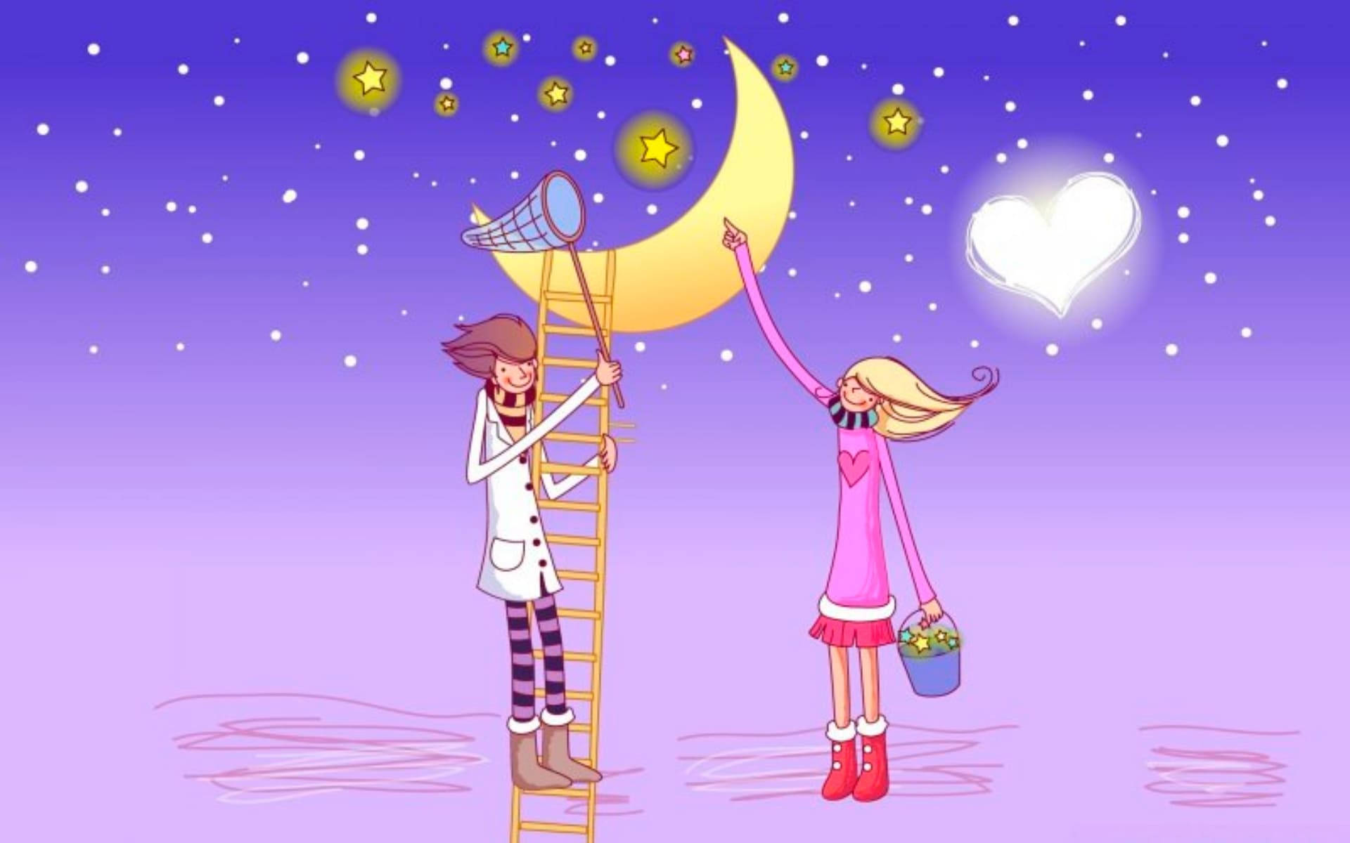 Love Drawings 桌布 壁紙 — 兩個卡通小孩在夢幻紫色夜空下，於新月下伸手觸及星星和一顆心。