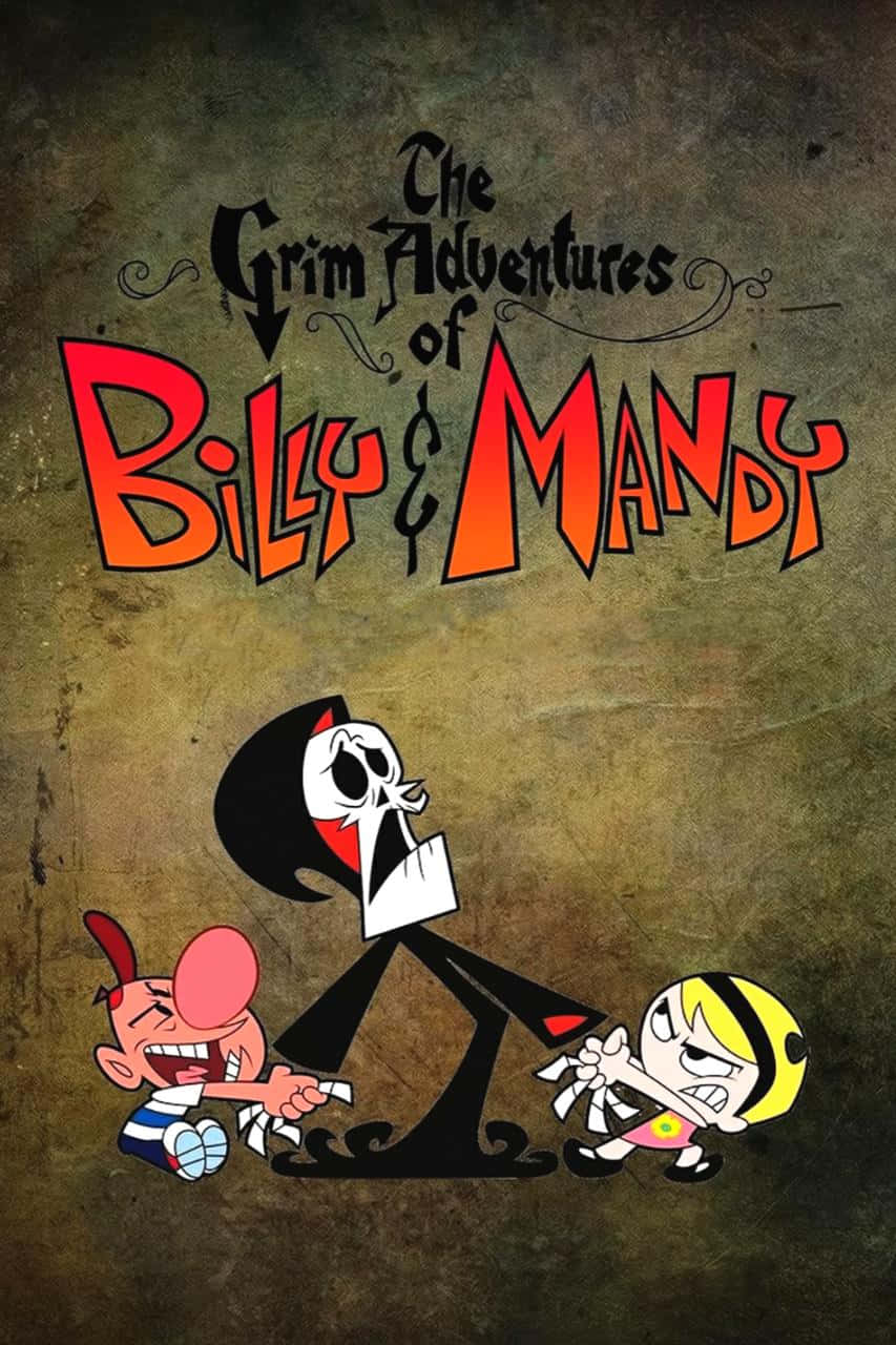 the grim adventures of billy and mandy 桌布 壁紙 — 兩個卡通小孩在帶紋理的棕色背景上與骷髏死神戰鬥，並帶有粗體紅橙色標題文字。