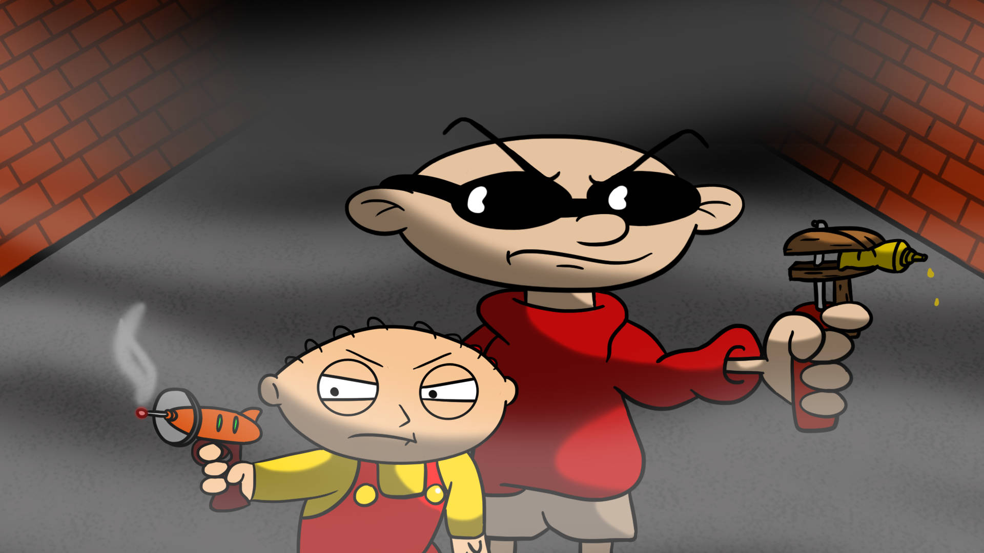stewie 桌布 壁紙 — 兩個卡通小孩在昏暗的磚隧道中，在黑暗燈光下以憤怒表情瞄準玩具槍。