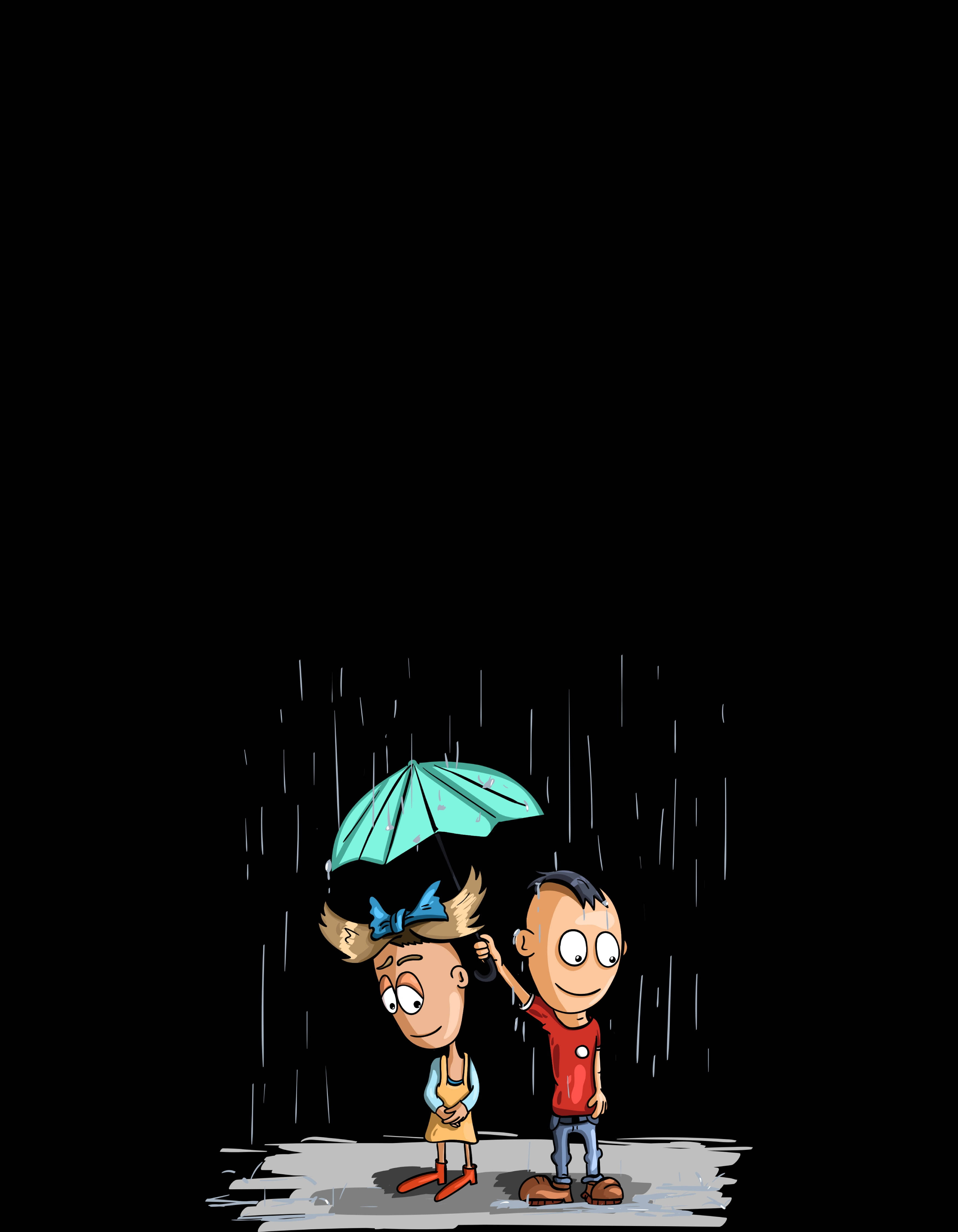 手機 桌布 壁紙 — 兩個卡通小孩在黑暗背景下的雨中共享一把青綠色雨傘。