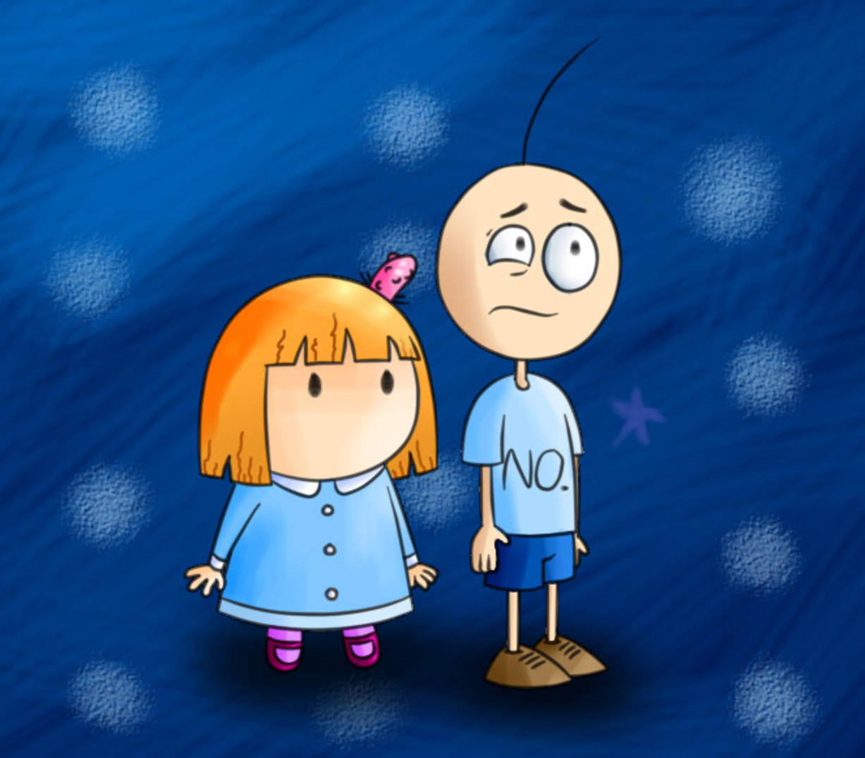 Animated 桌布 壁紙 — 兩個卡通小孩站在有白色斑點和紫色星星的紋理藍色背景前。
