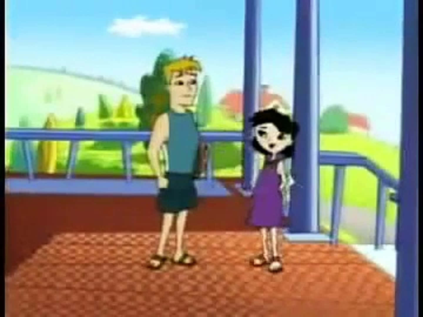 Animated 桌布 壁紙 — 兩個卡通小孩站在門廊上面對面，背後可見明亮的綠色山坡和藍天。