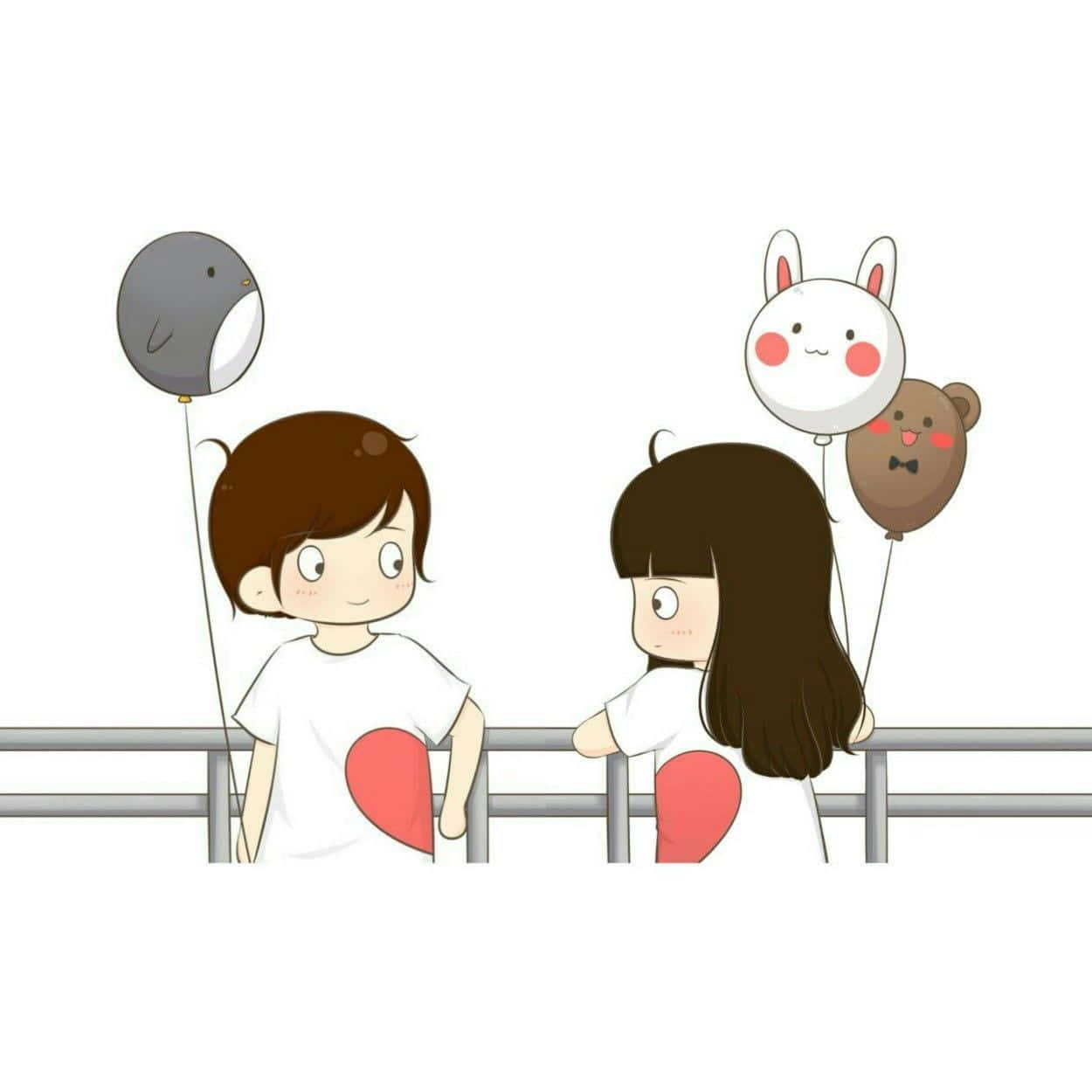 Cute Animated 桌布 壁紙 — 兩個卡通小孩靠在欄杆上，拿著動物氣球，穿著有心形圖案的襯衫。