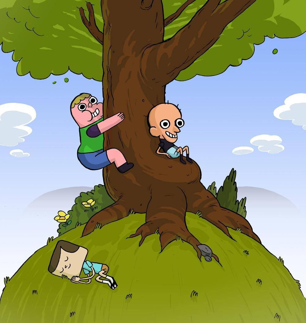 Animated 桌布 壁紙 — 兩個卡通小孩頑皮地爬上一棵大樹，而第三個則在藍天下的一個草地上平靜地睡覺。