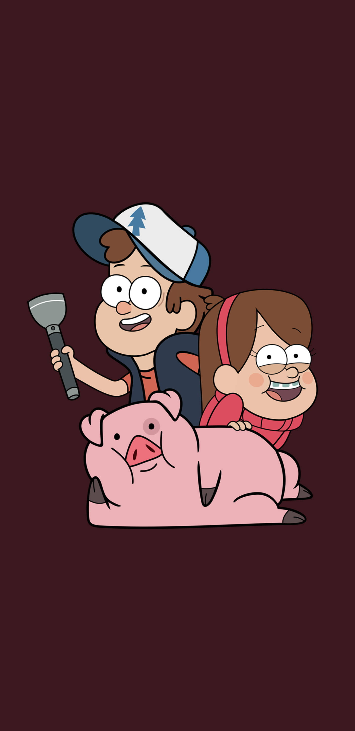 waddles 桌布 壁紙 — 兩個卡通小孩騎著粉紅豬，在深栗色背景前咧嘴笑。