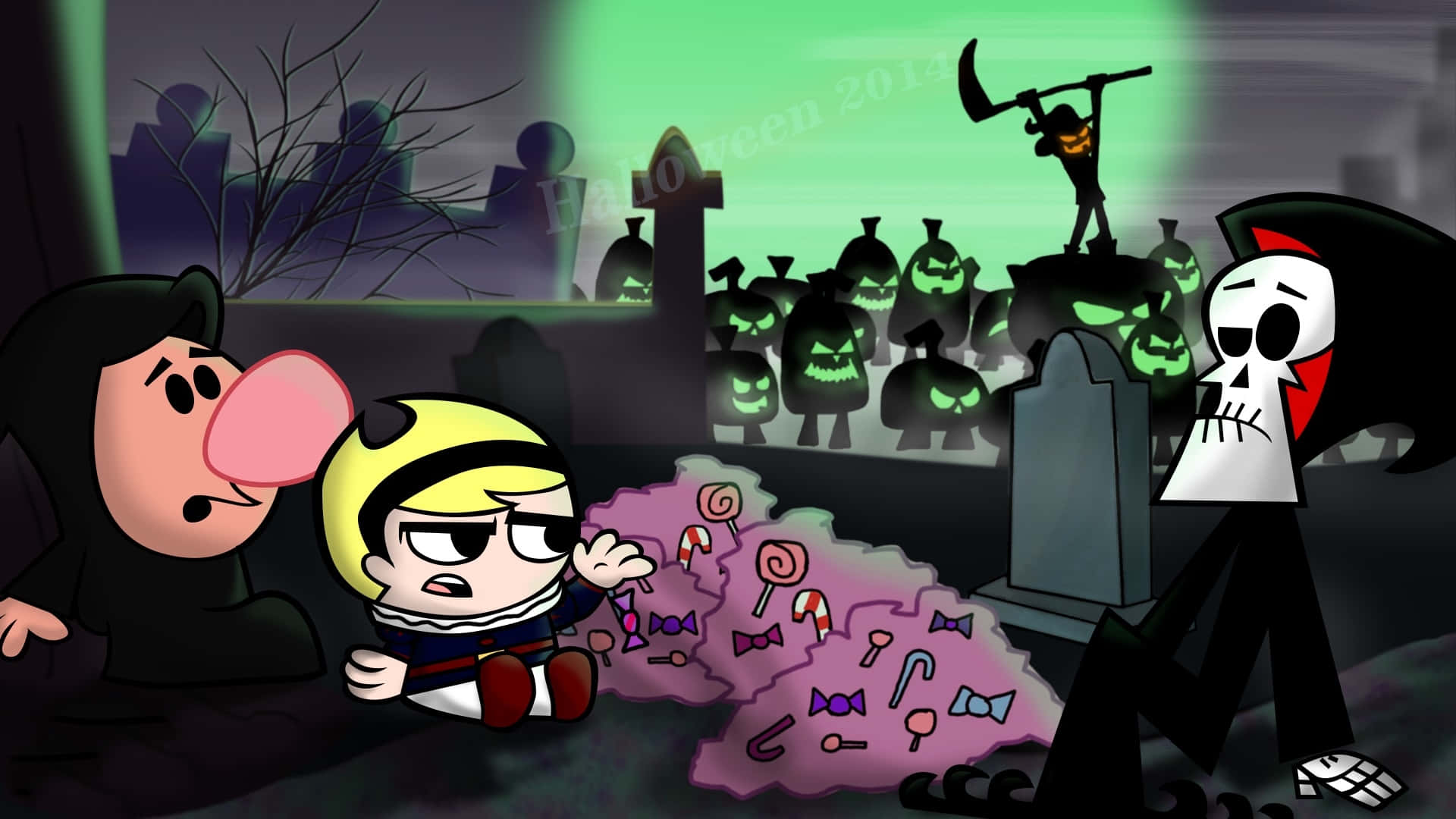the grim adventures of billy and mandy 桌布 壁紙 — 兩個卡通小孩驚恐地反應，因為一個死神站在一堆糖果上，在一個充滿發光南瓜燈的陰森墓地裡。