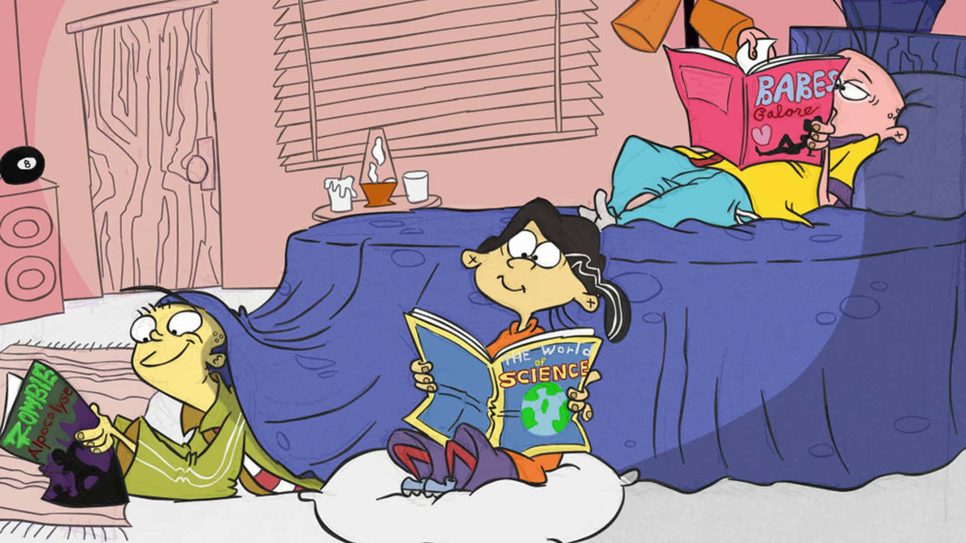 Cartoon 桌布 壁紙 — 兩個卡通小朋友在舒適的臥室裡放鬆看書，而第三個則拿著粉紅色雜誌躺在床上。