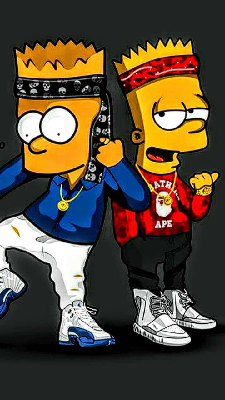 Bart Simpson Gangster 桌布 壁紙 — 兩個卡通巴特·辛普森角色穿著嘻哈風格服裝，在深色背景前自信地擺姿勢。
