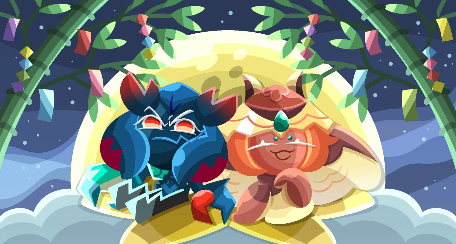 Cookie Run 桌布 壁紙 — 兩個卡通怪物坐在新月上，在繁星點點的夜空下，周圍環繞著色彩繽紛的懸掛裝飾。