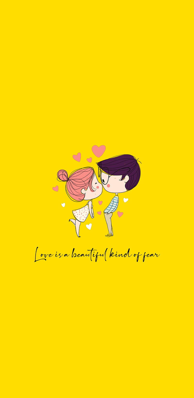 Cartoon Love 桌布 壁紙 — 兩個卡通戀人在明亮的黃色背景上親吻，背景有漂浮的粉紅色心形和手寫語錄。