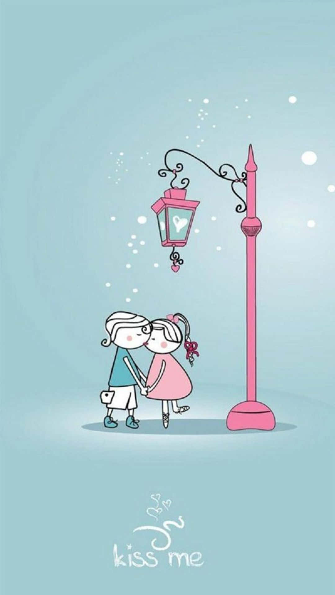 可愛 iPhone 桌布 桌布 壁紙 — 兩個卡通戀人在粉紅色街燈下接吻，周圍漂浮著心形，背景是柔和的藍色。