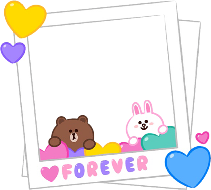 Love Frames 桌布 壁紙 — 兩個卡通朋友，一隻棕熊和一隻白兔，從色彩繽紛的心形後面在一個有趣的相框裡探出頭來。