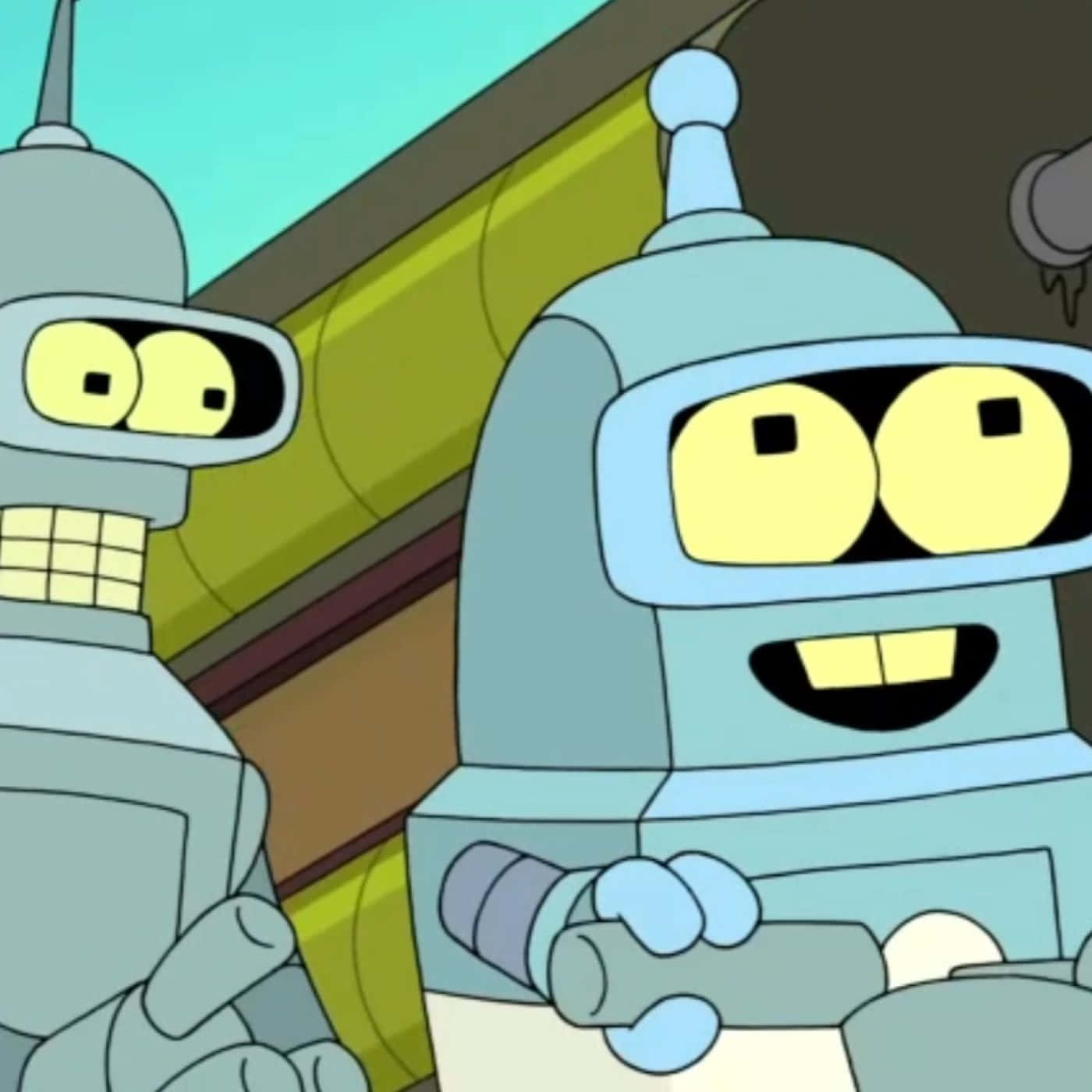Futurama 桌布 壁紙 — 兩個卡通機器人，有大黃色眼睛和笑容，並排站在色彩繽紛的動畫場景中。