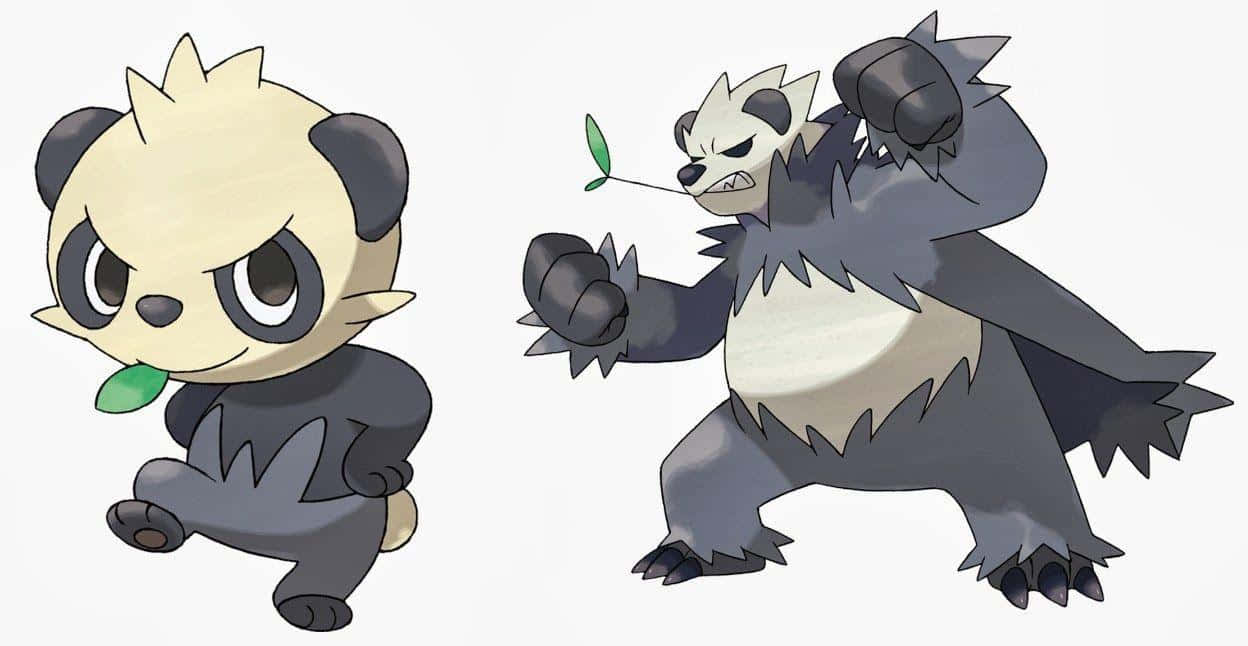 Cartoon 桌布 壁紙 — 兩個卡通熊貓般的生物，一個細小可愛，另一個巨大兇猛，兩者都在純色背景上拿著樹葉。