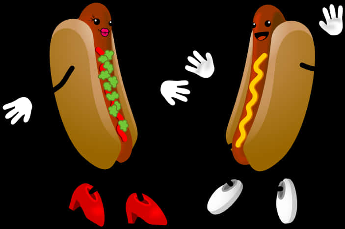 Hot Dog 桌布 壁紙 — 兩個卡通熱狗，有臉和四肢，在黑色背景上歡快地揮手，周圍散落著配件。