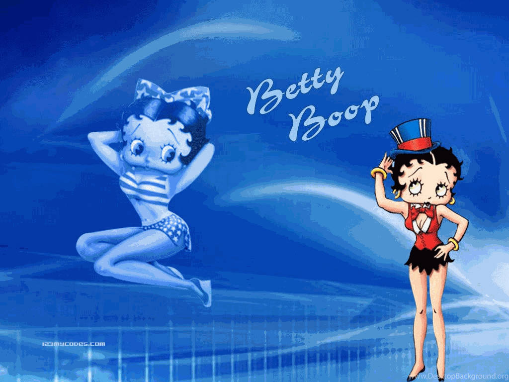 boop 桌布 壁紙 — 兩個卡通版本的 Betty Boop 在旋轉的藍色背景前擺姿勢，她的名字寫在附近。