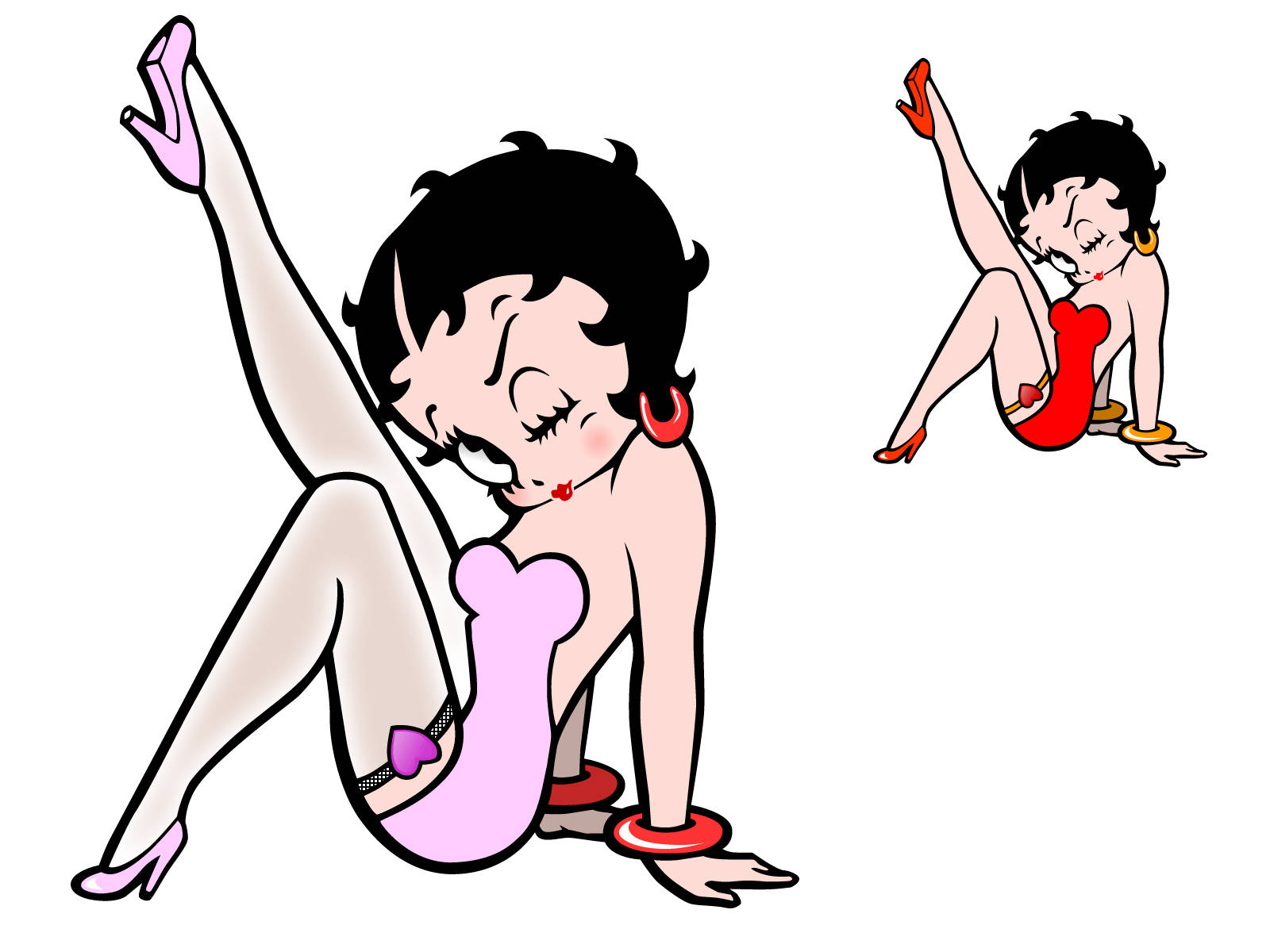 boop 桌布 壁紙 — 兩個卡通版本的 Betty Boop 以俏皮姿勢穿著粉紅色和紅色服裝和高跟鞋，背景為純白色。