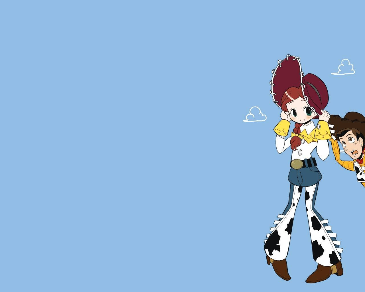Jessie 桌布 壁紙 — 兩個卡通牛仔從右邊探出頭來，背景是湛藍的天空和蓬鬆的雲朵。
