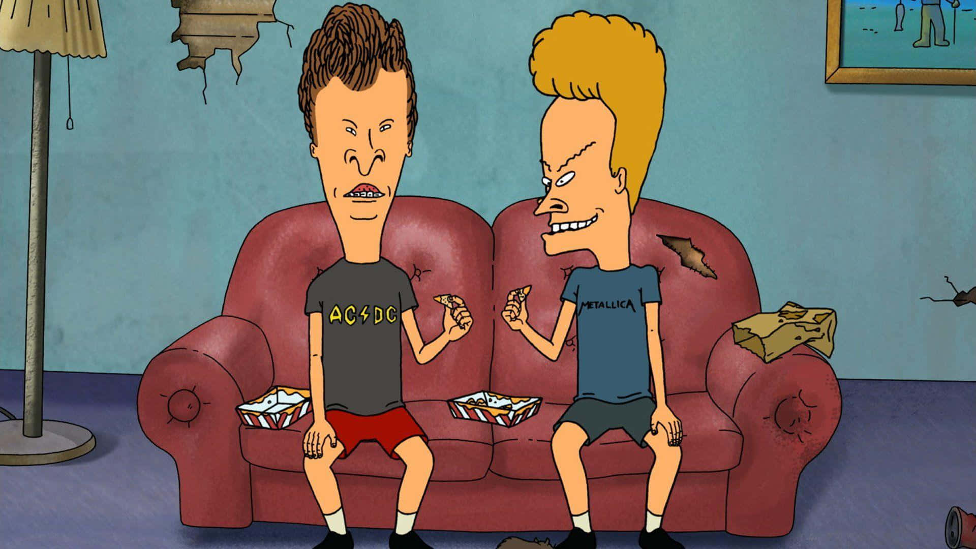 Beavis And Butthead 桌布 壁紙 — 兩個卡通男人坐在一張破舊的紅色沙發上，在破舊的客廳裡吃披薩。