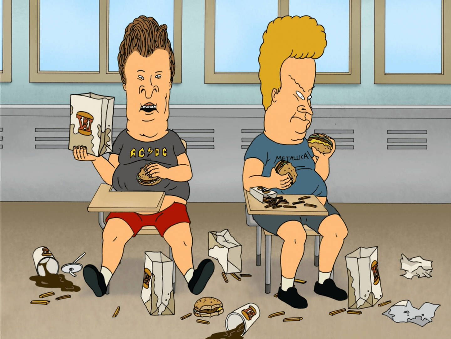 Beavis 桌布 壁紙 — 兩個卡通男人坐在被垃圾包圍的餐廳桌子旁，吃漢堡和喝汽水。