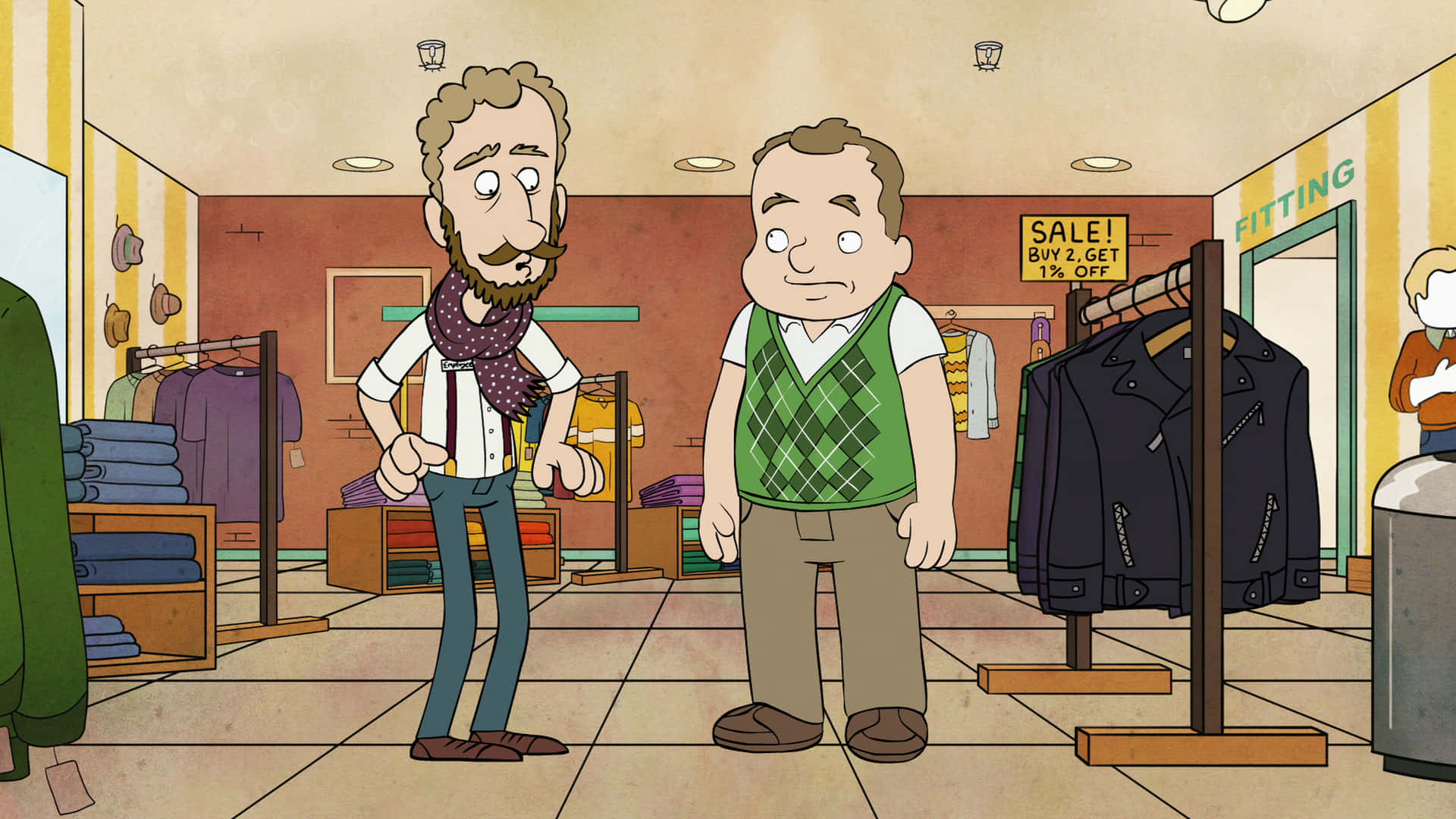 Animated 桌布 壁紙 — 兩個卡通男人站在服裝店裡，一個穿著綠色背心，另一個戴著圍巾和吊帶褲。