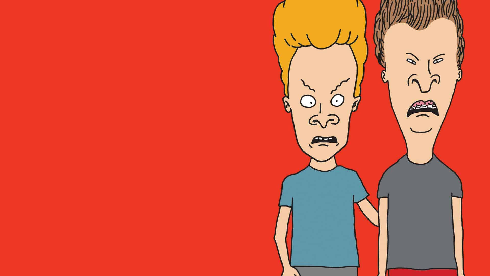 Beavis 桌布 壁紙 — 兩個卡通男人誇張的憤怒表情並排站在純紅色背景前面。