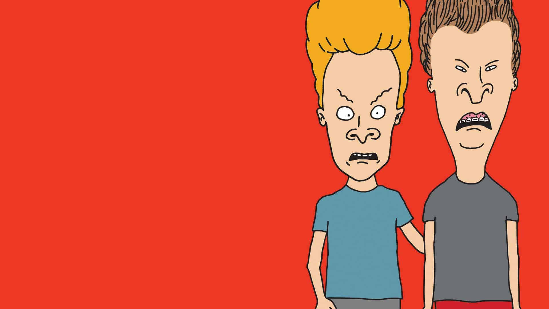 Beavis And Butthead 桌布 壁紙 — 兩個卡通男人誇張的憤怒表情站在純紅色背景前。