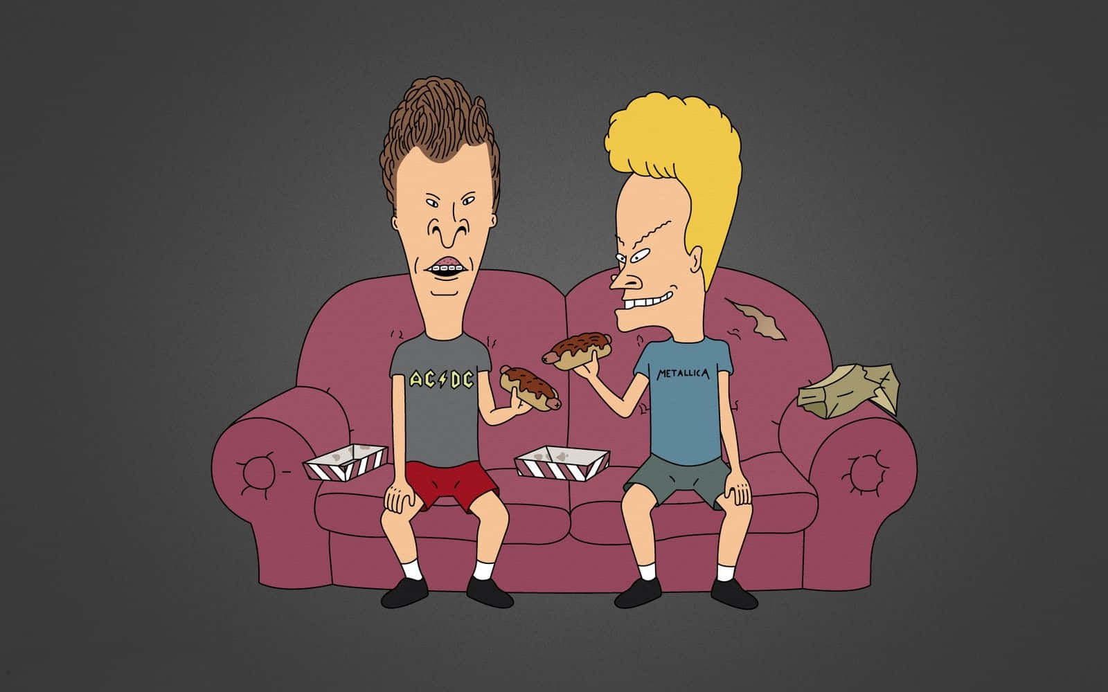 Beavis And Butthead 桌布 壁紙 — 兩個卡通男人頭部誇張，坐在破舊的紫色沙發上吃披薩，並拿著外賣盒。