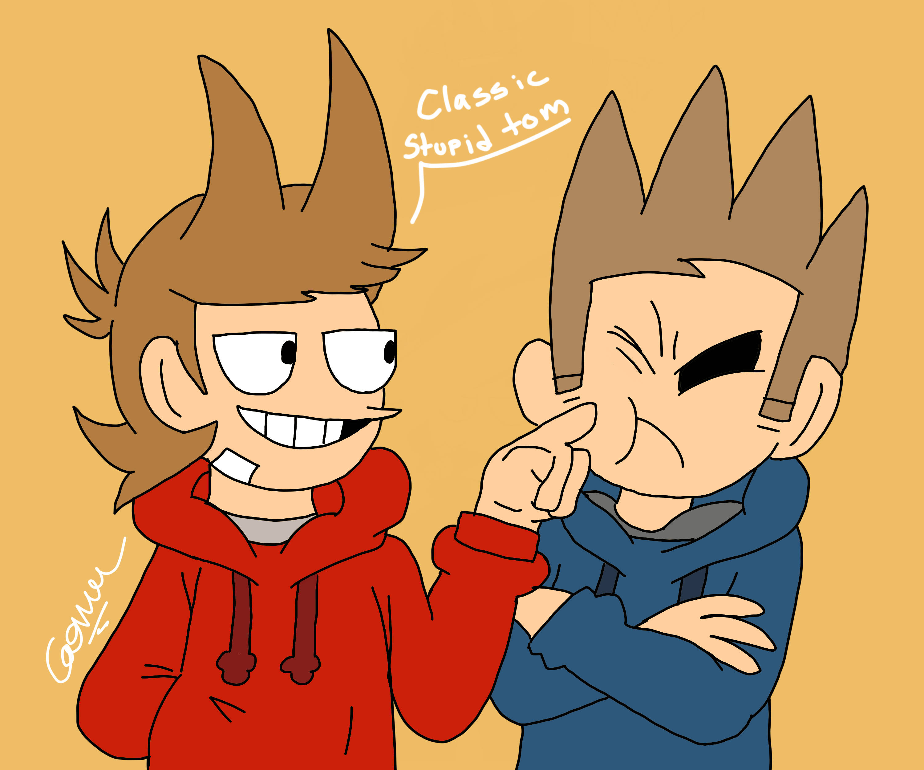 Eddsworld 桌布 壁紙 — 兩個卡通男孩，一個穿紅色連帽衫笑著指向另一個穿藍色連帽衫、做鬼臉的男孩，對話框裡寫著 classic stupid tom。