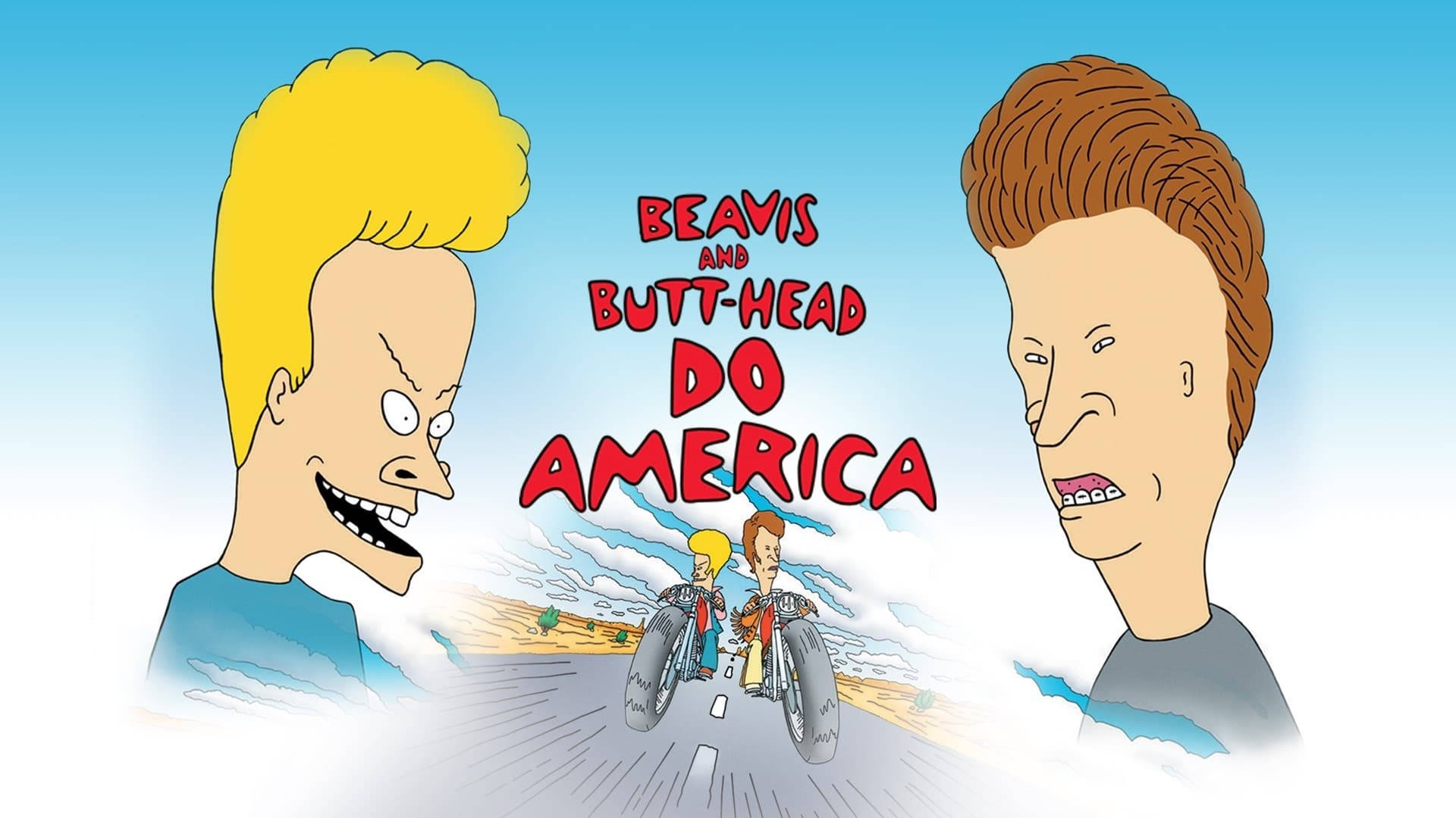 Beavis 桌布 壁紙 — 兩個卡通男孩，特徵誇張，在晴朗的藍天下騎摩托車行駛在沙漠公路上。