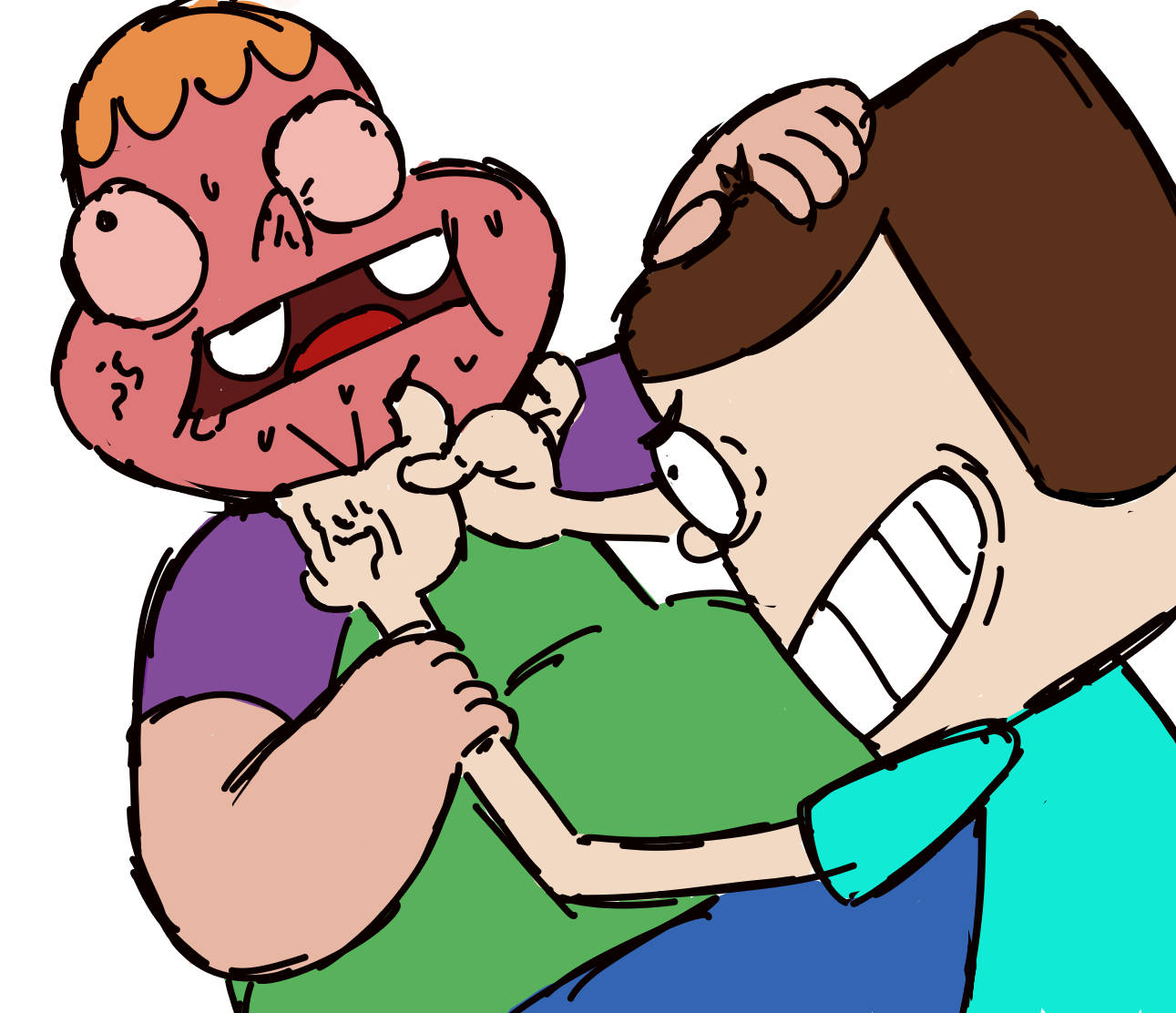 Animated 桌布 壁紙 — 兩個卡通男孩以誇張的憤怒表情和粗線條進行混亂的拳鬥。