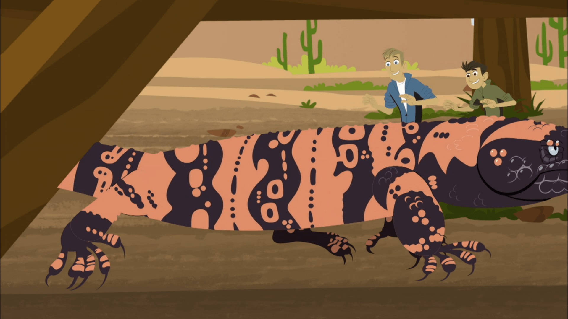 Animated 桌布 壁紙 — 兩個卡通男孩從岩石下窺視一隻在沙漠中有仙人掌的巨型圖案吉拉怪物。