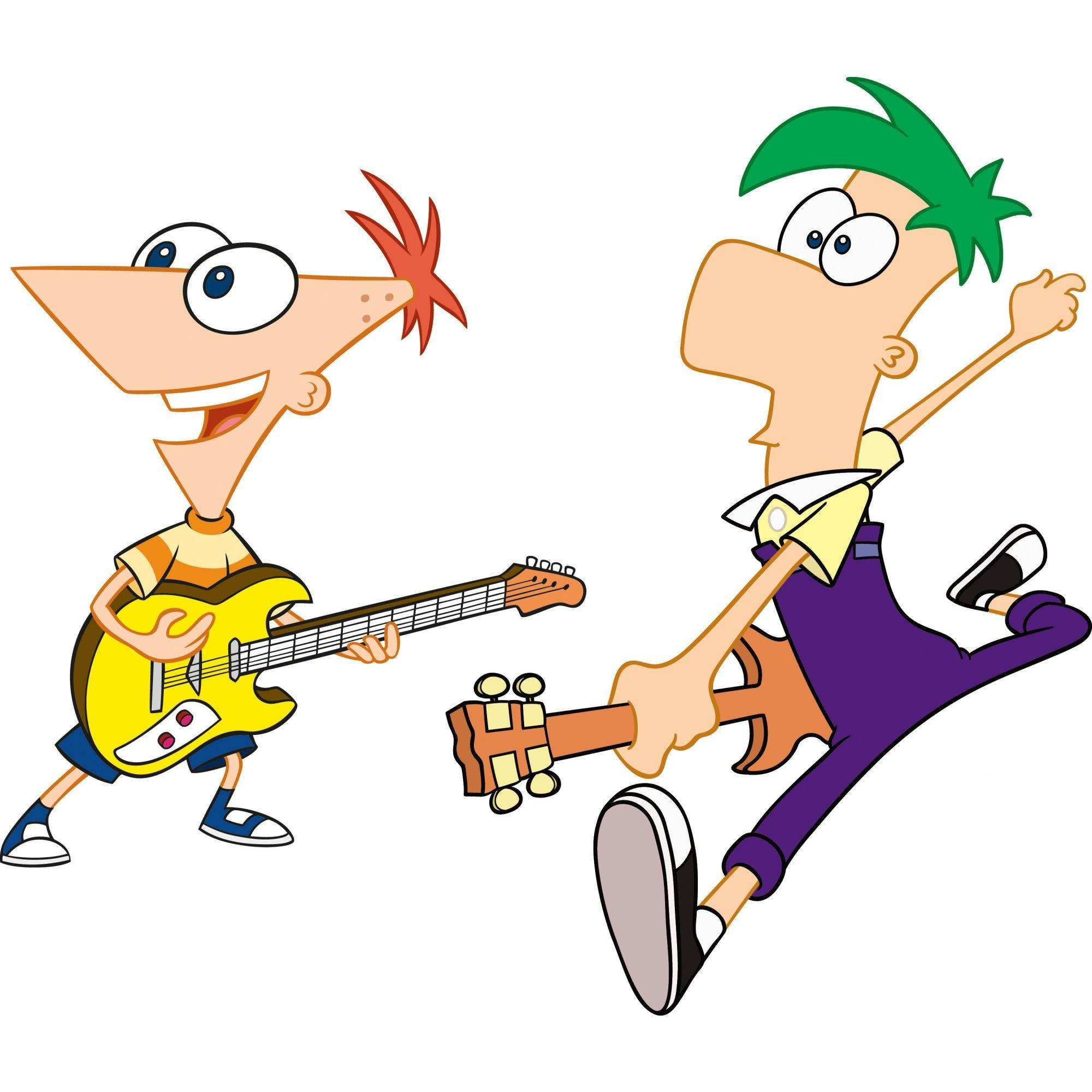 Ferb 桌布 壁紙 — 兩個卡通男孩精力充沛地彈吉他，表情誇張，姿勢動感。