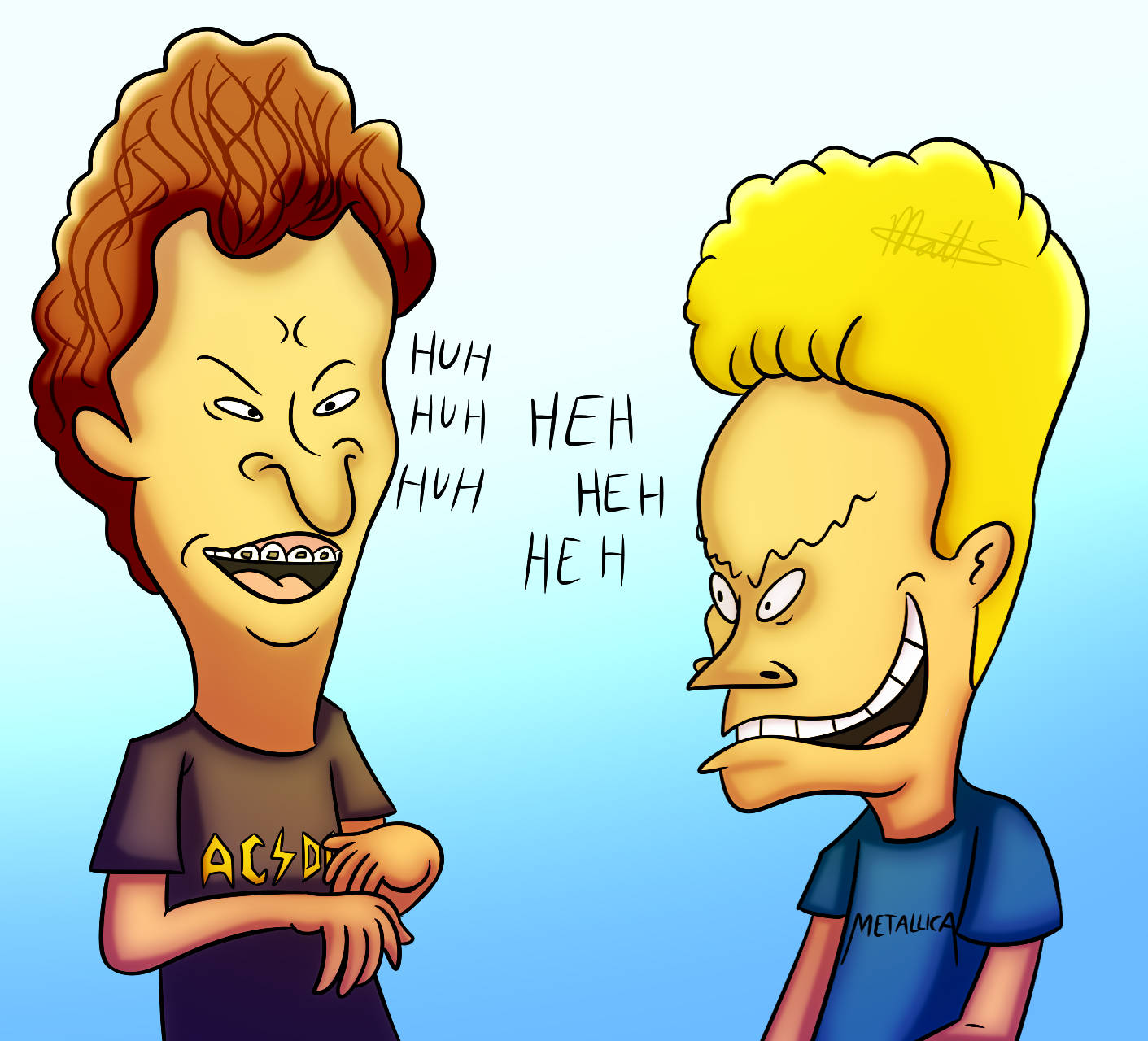 Beavis 桌布 壁紙 — 兩個卡通男孩誇張地咧嘴大笑，露出牙齒，在淺藍色漸變背景前狂笑。